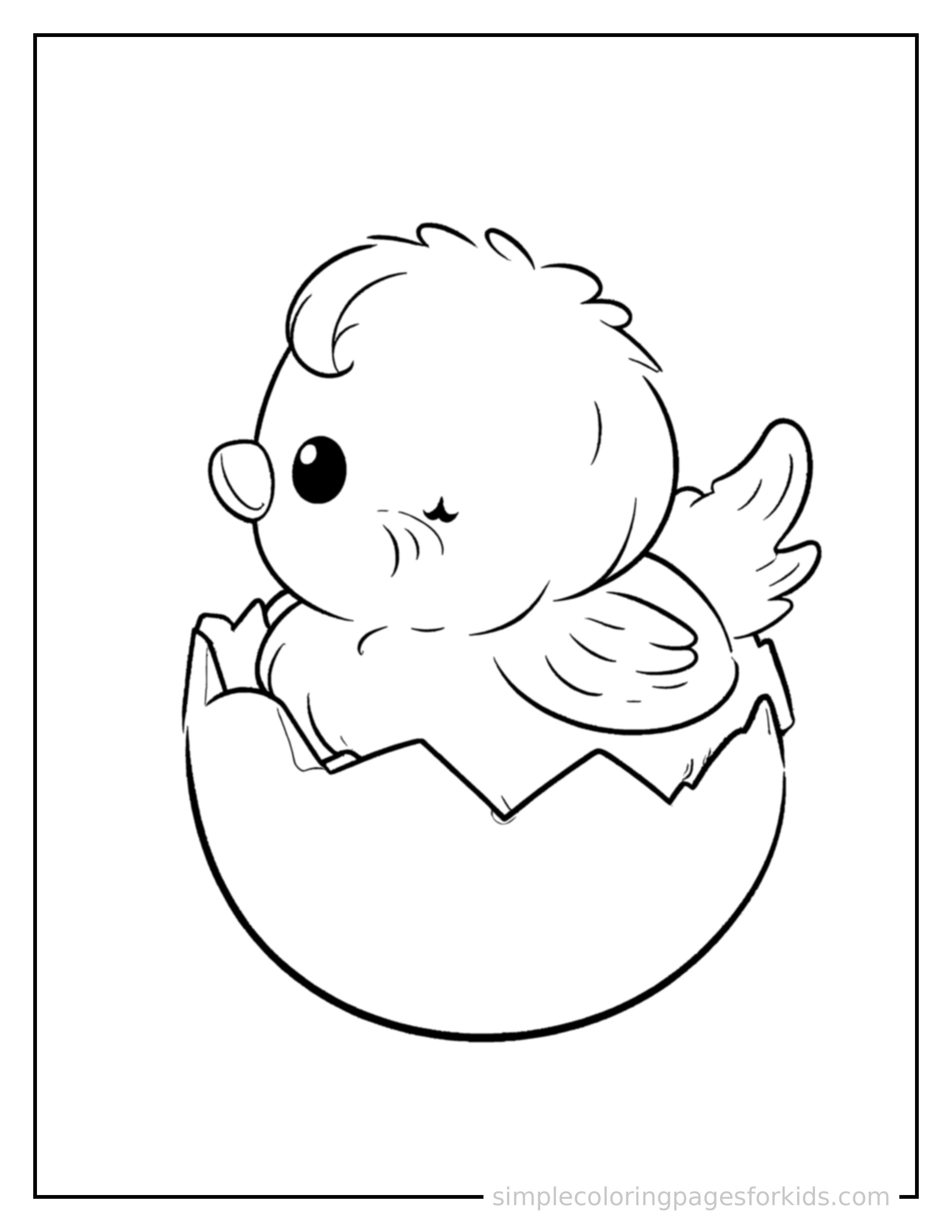 Free printable easter coloring page featuring a fluffy chick hatching out of a cracked egg.