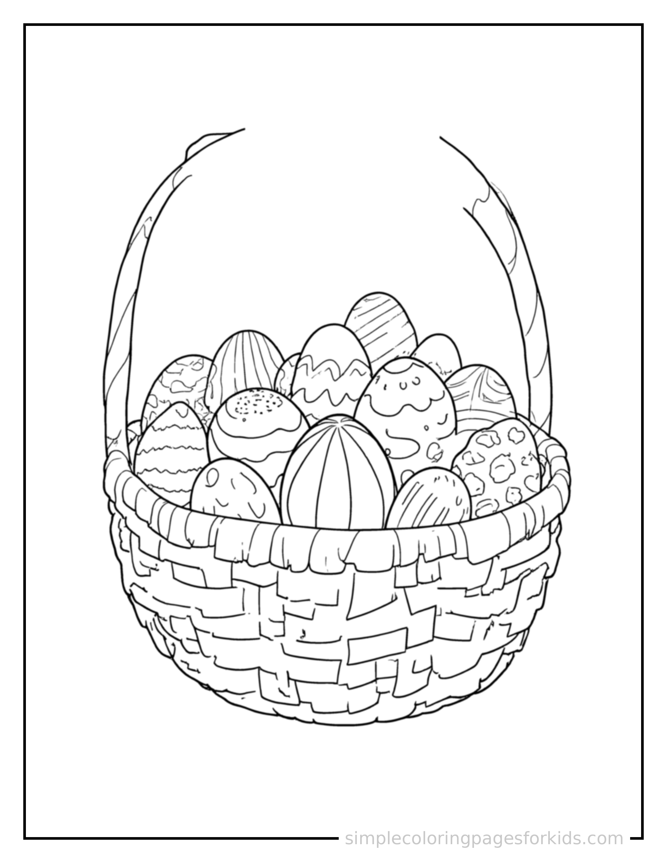 Free printable easter coloring page featuring a basket overflowing with colorful eggs.