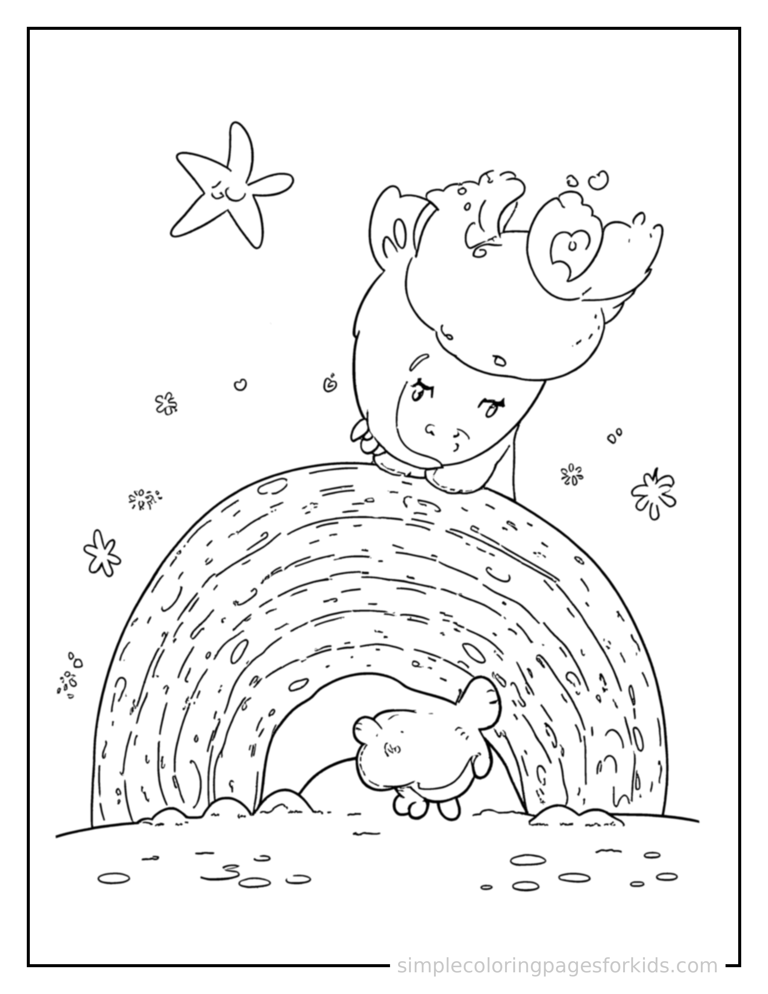Free printable rainbow of colors chart coloring page featuring a cute rainbow of colors chart, shown from a slightly different angle with small decorative sparkle marks nearby.