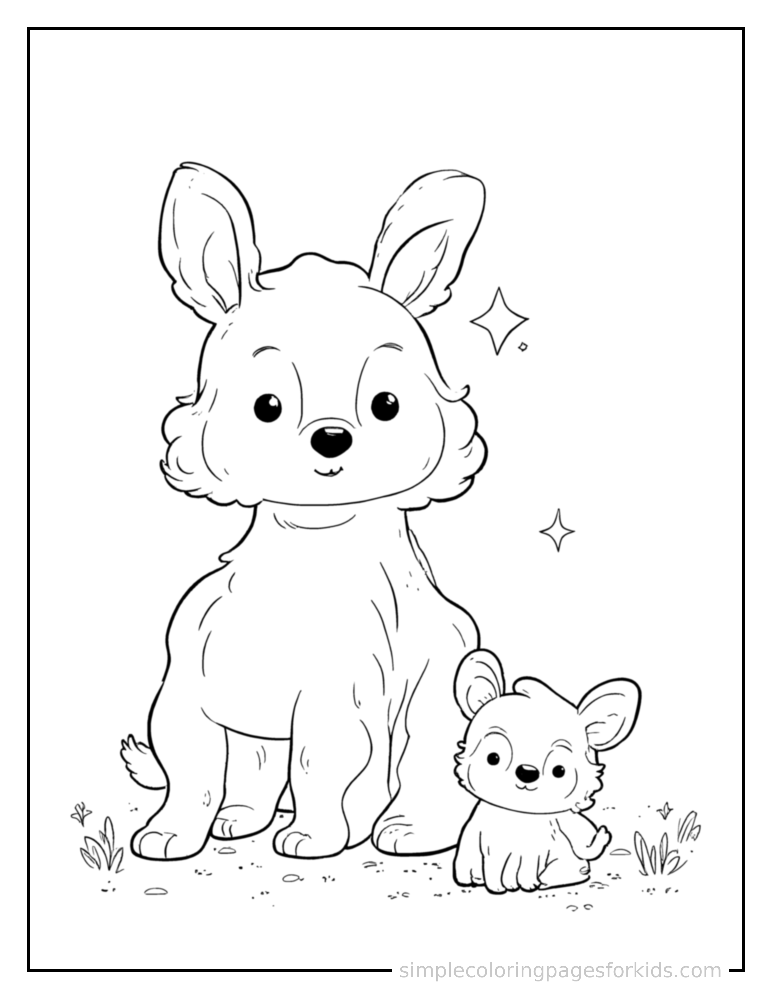 Free printable opposites big and small illustration coloring page featuring a cute opposites big and small illustration, shown from a slightly different angle with small decorative sparkle marks nearby.
