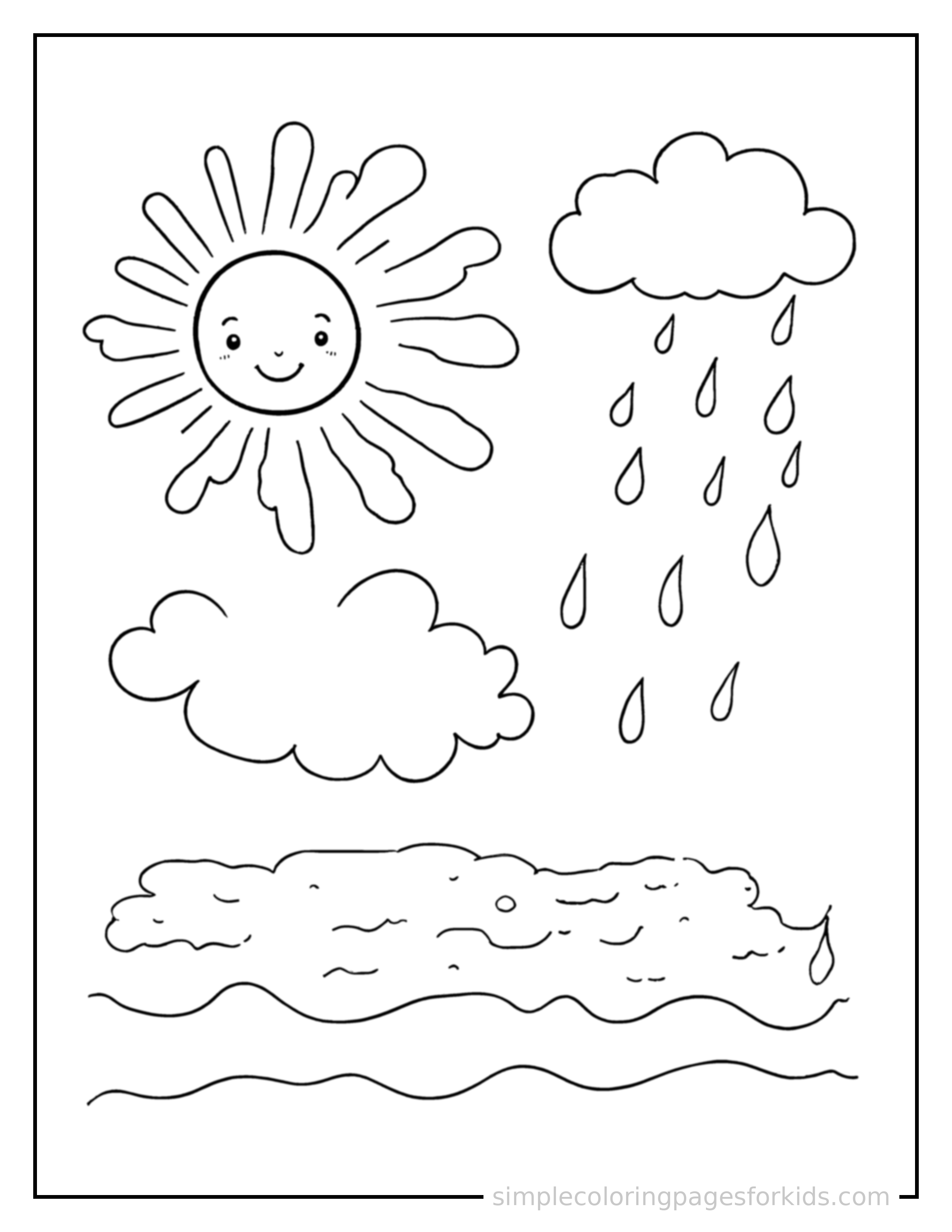 Free printable weather chart with sun and rain coloring page featuring a cute weather chart with sun and rain, shown as a simple central illustration with a cute smiling face.