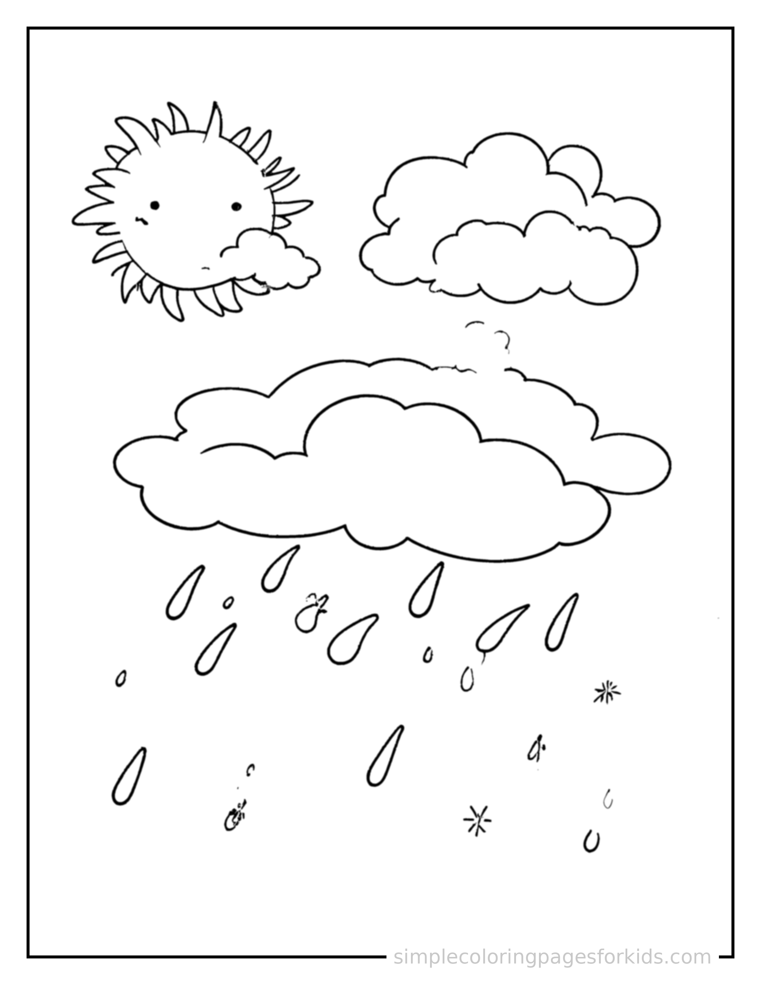 Free printable weather chart with sun and rain coloring page featuring a cute weather chart with sun and rain, shown from a slightly different angle with small decorative sparkle marks nearby.