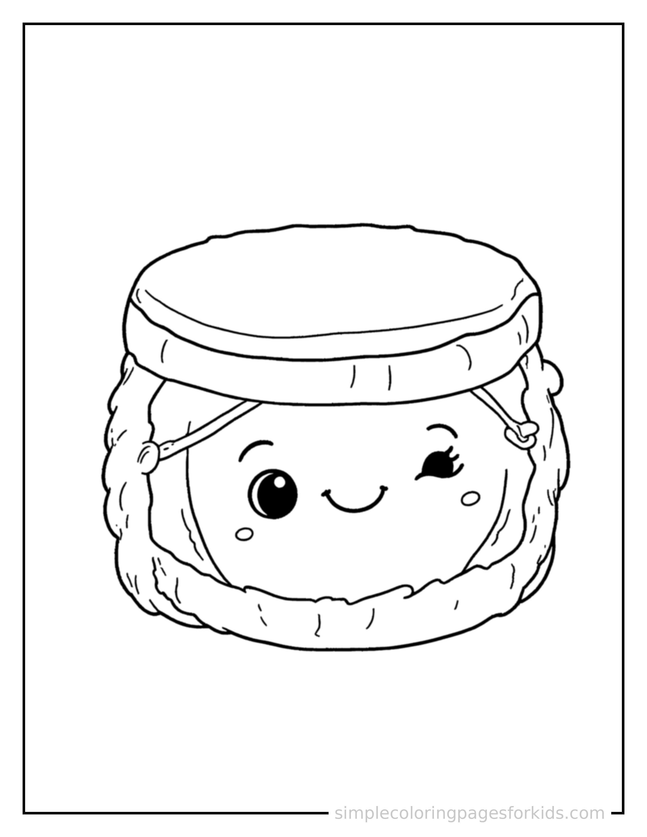Free printable musical instrument like a drum coloring page featuring a cute musical instrument like a drum, shown as a simple central illustration with a cute smiling face.
