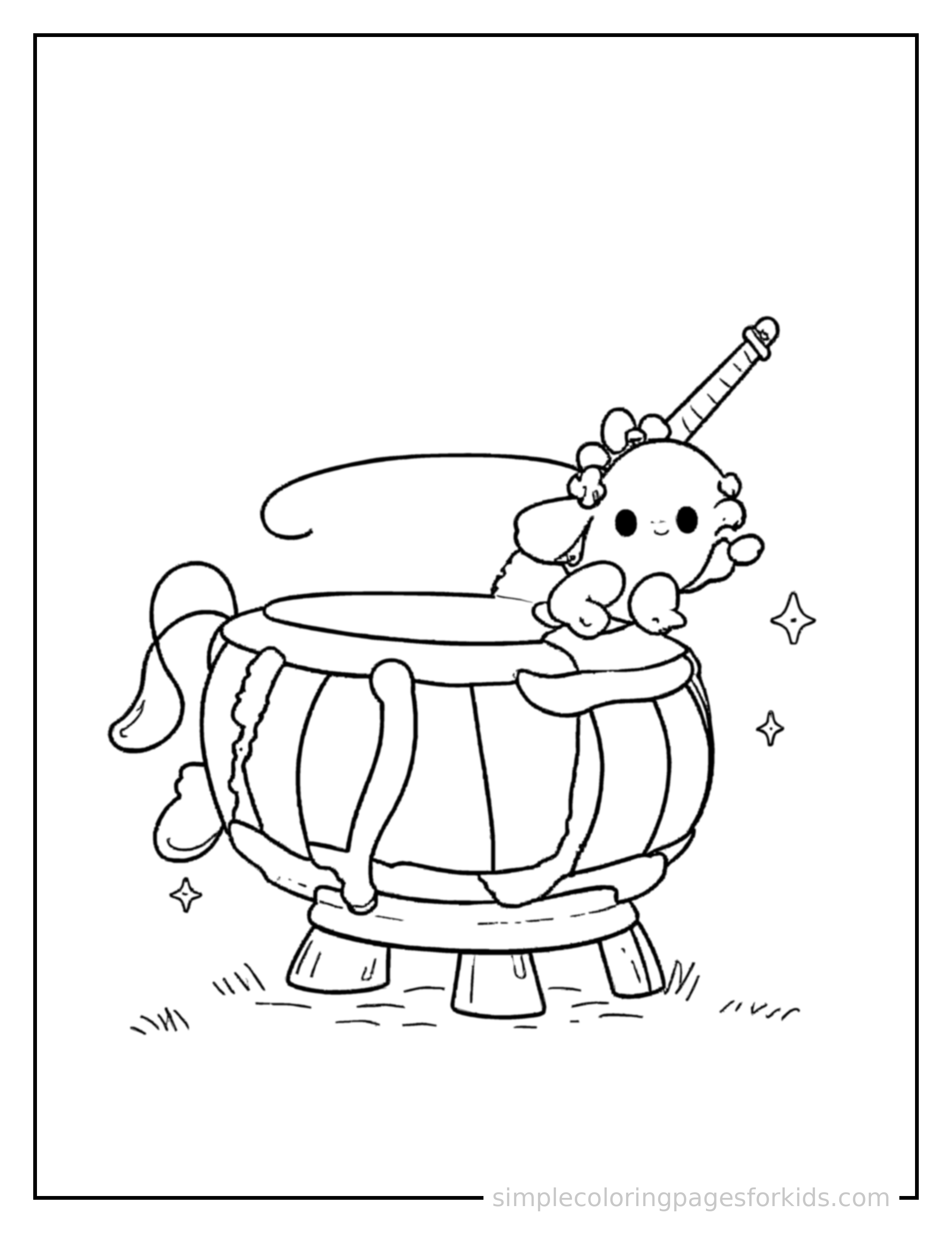 Free printable musical instrument like a drum coloring page featuring a cute musical instrument like a drum, shown from a slightly different angle with small decorative sparkle marks nearby.
