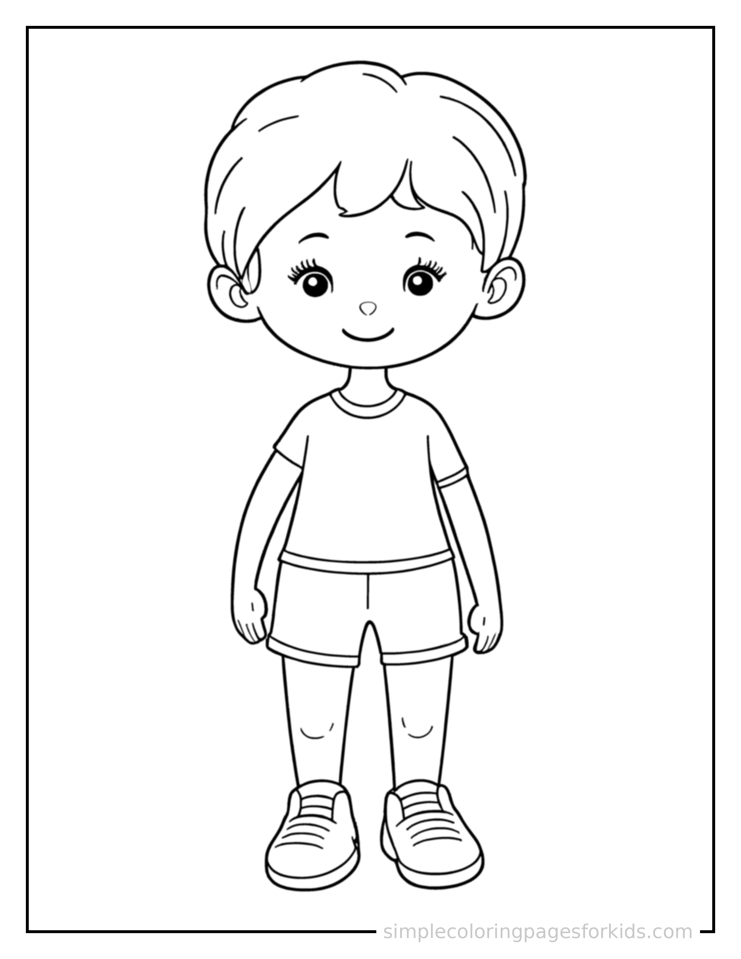 Free printable body parts diagram of a kid coloring page featuring a cute body parts diagram of a kid, shown as a simple central illustration with a cute smiling face.