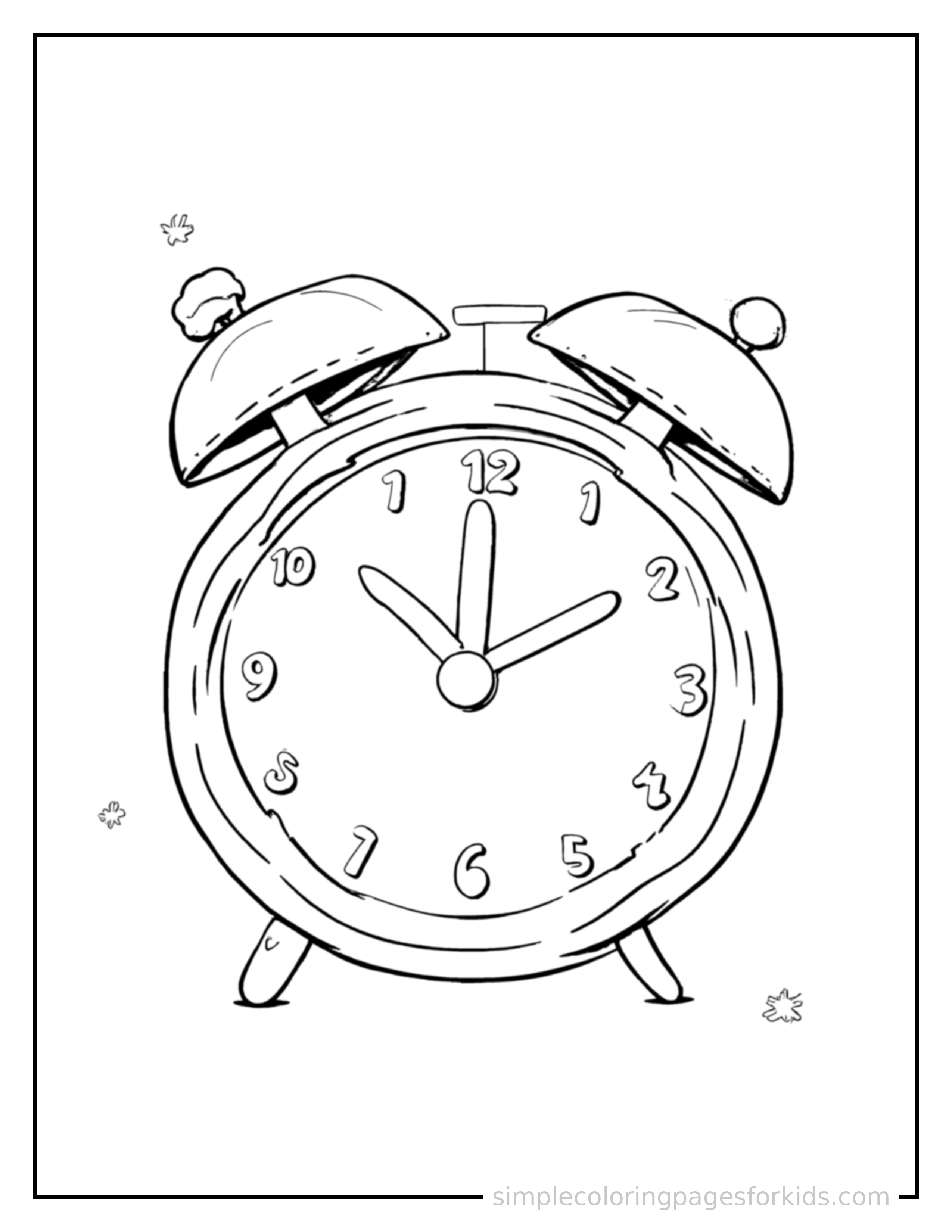 Free printable clock showing telling time coloring page featuring a cute clock showing telling time, shown from a slightly different angle with small decorative sparkle marks nearby.