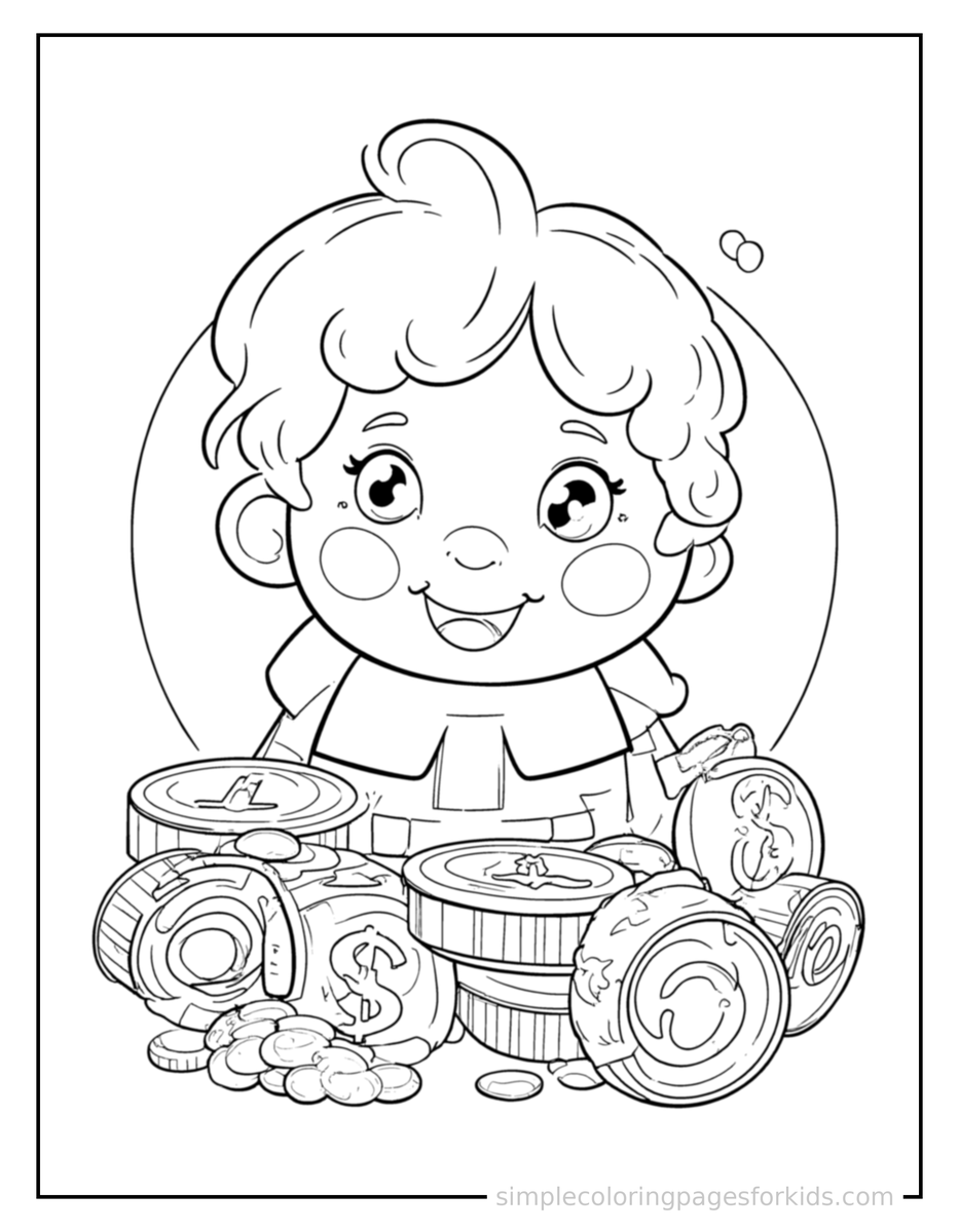 Free printable coins and money illustration coloring page featuring a cute coins and money illustration, shown as a simple central illustration with a cute smiling face.