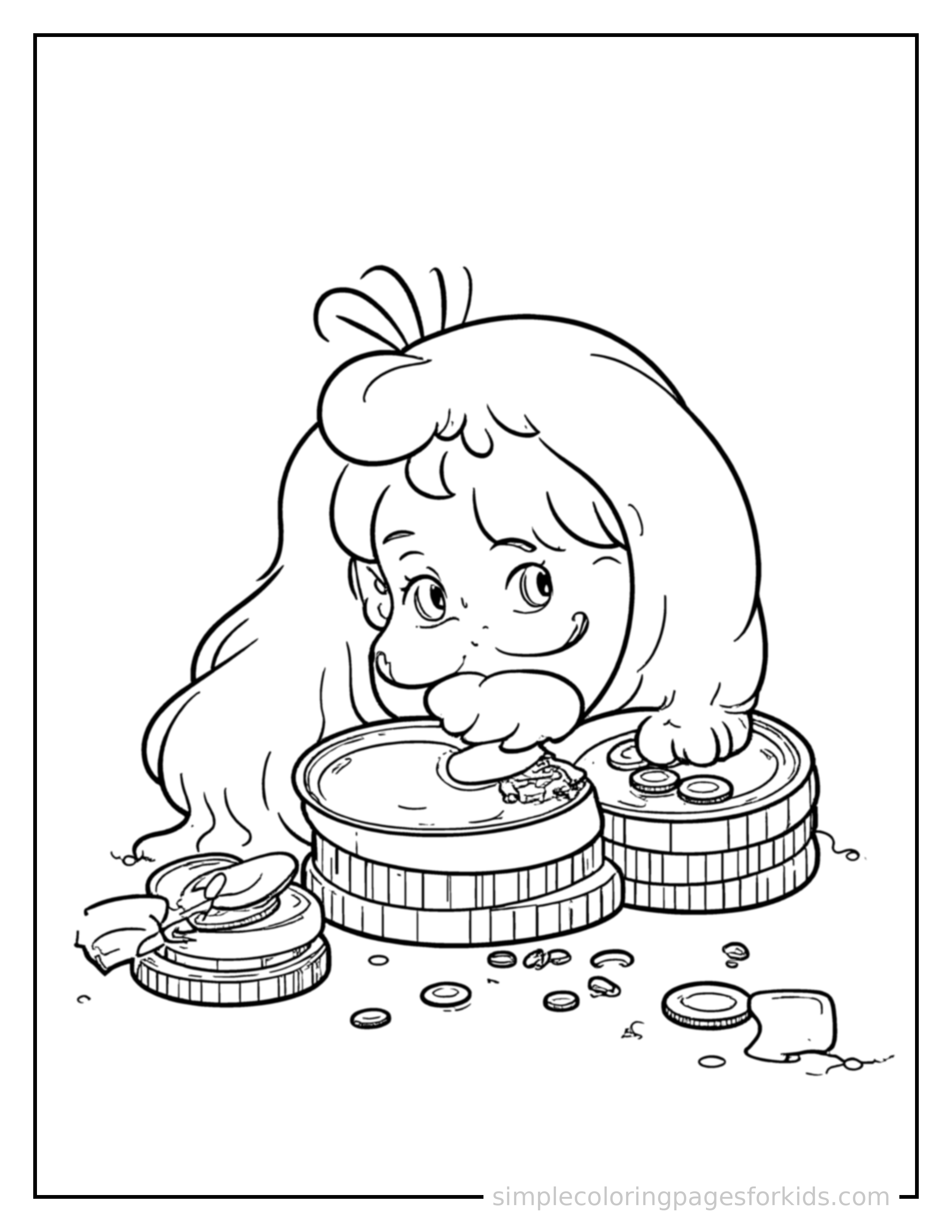 Free printable coins and money illustration coloring page featuring a cute coins and money illustration, shown with a smaller mini version of itself beside it.