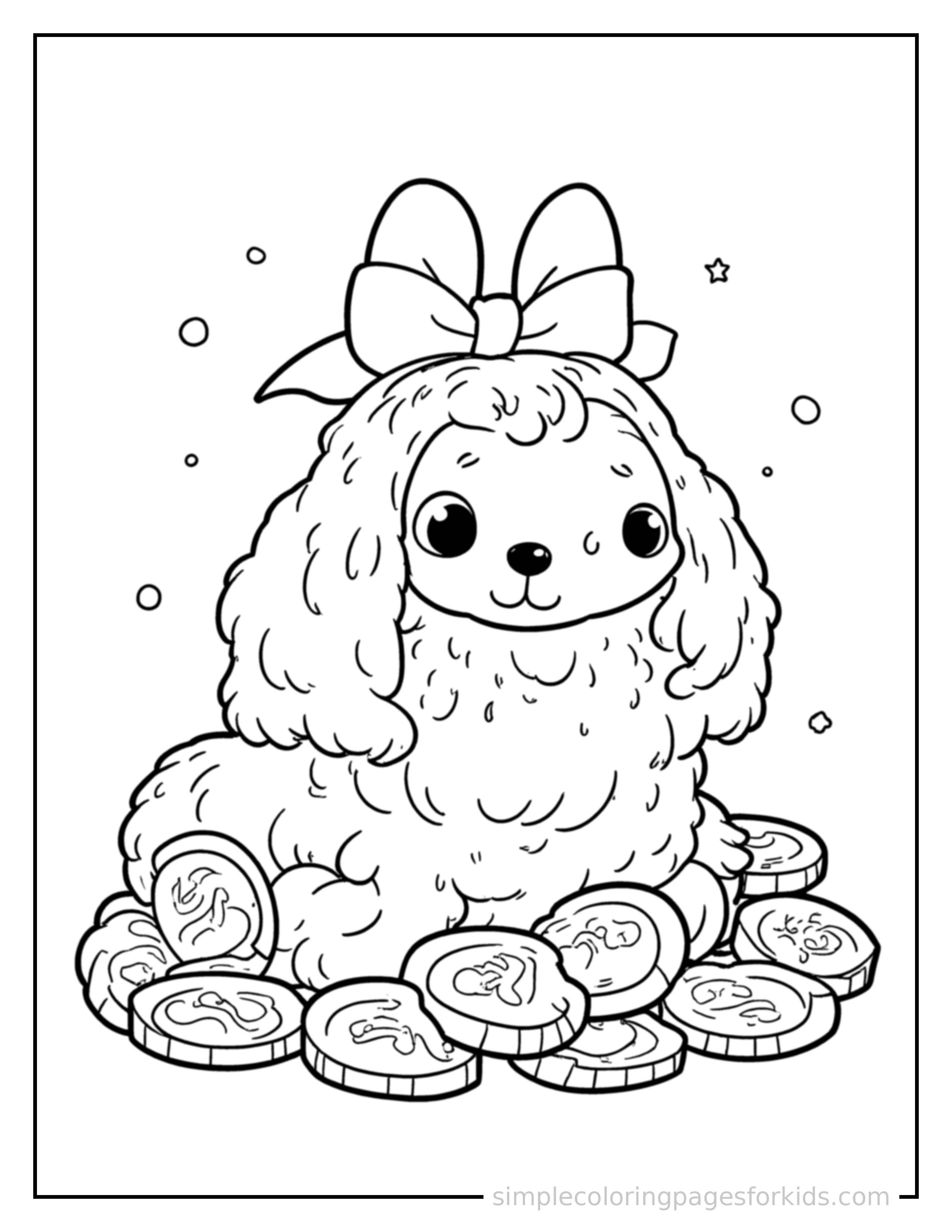 Free printable coins and money illustration coloring page featuring a cute coins and money illustration, decorated with a simple bow or ribbon for a festive touch.