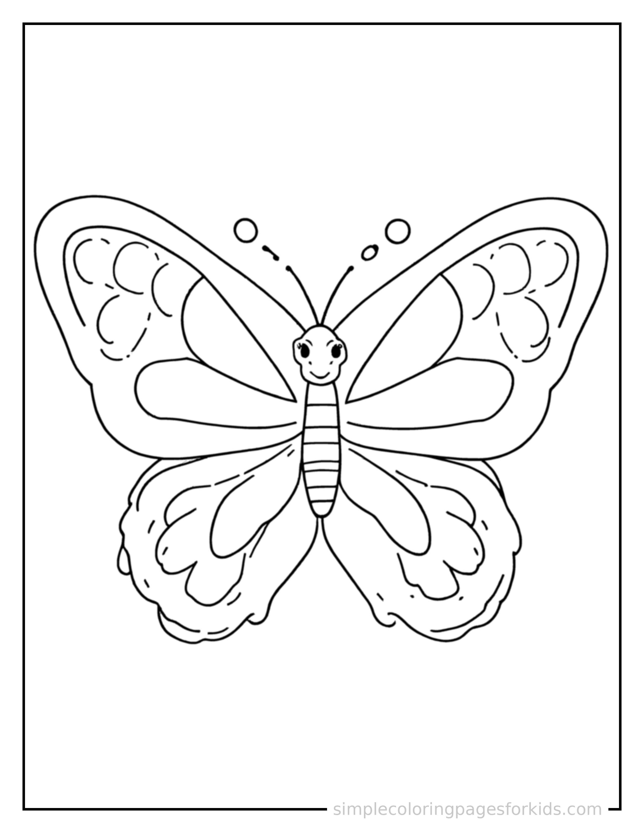 Free printable butterfly life cycle diagram coloring page featuring a cute butterfly life cycle diagram, shown as a simple central illustration with a cute smiling face.
