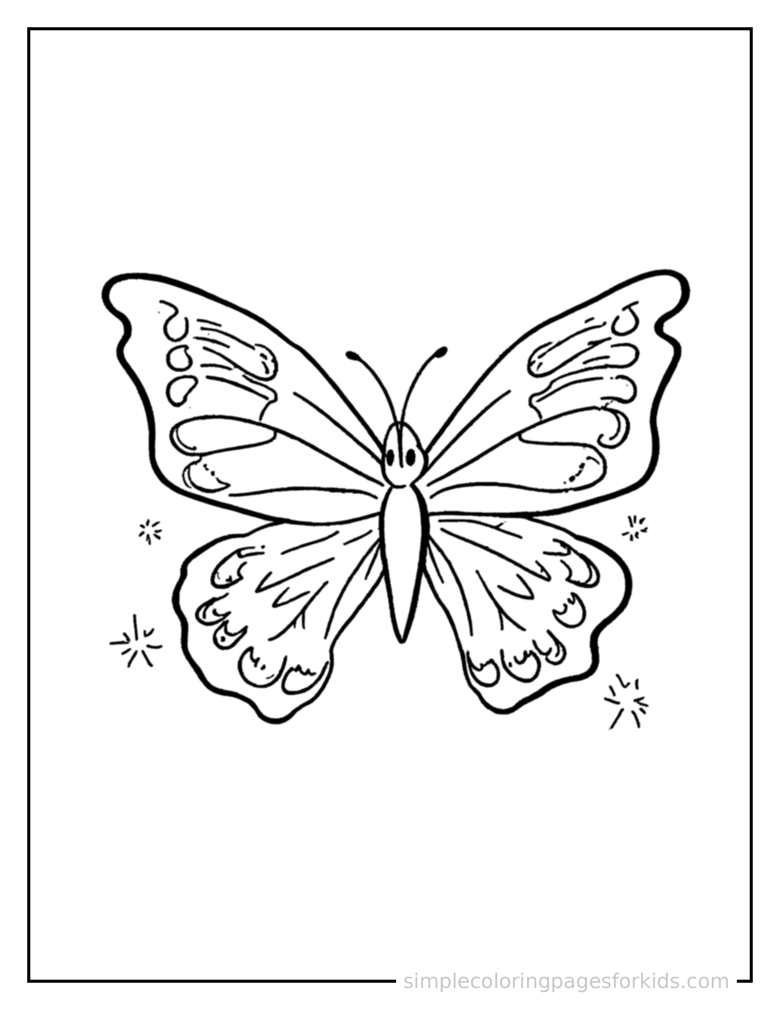 Free printable butterfly life cycle diagram coloring page featuring a cute butterfly life cycle diagram, shown from a slightly different angle with small decorative sparkle marks nearby.