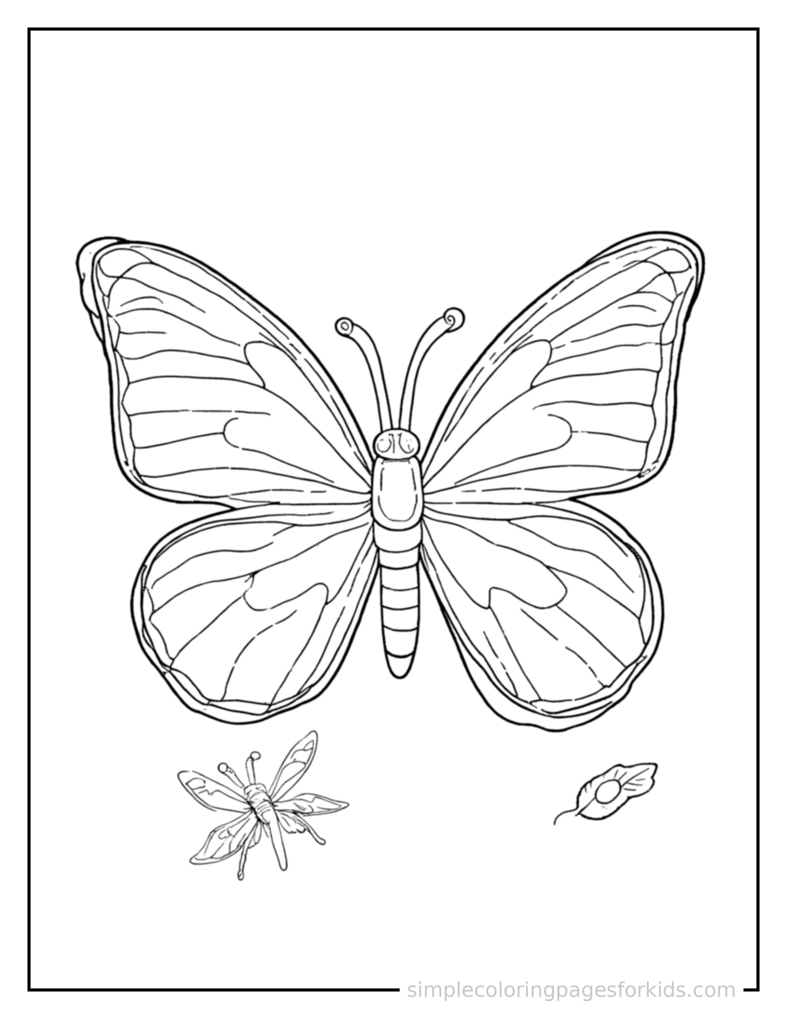 Free printable butterfly life cycle diagram coloring page featuring a cute butterfly life cycle diagram, shown with a smaller mini version of itself beside it.