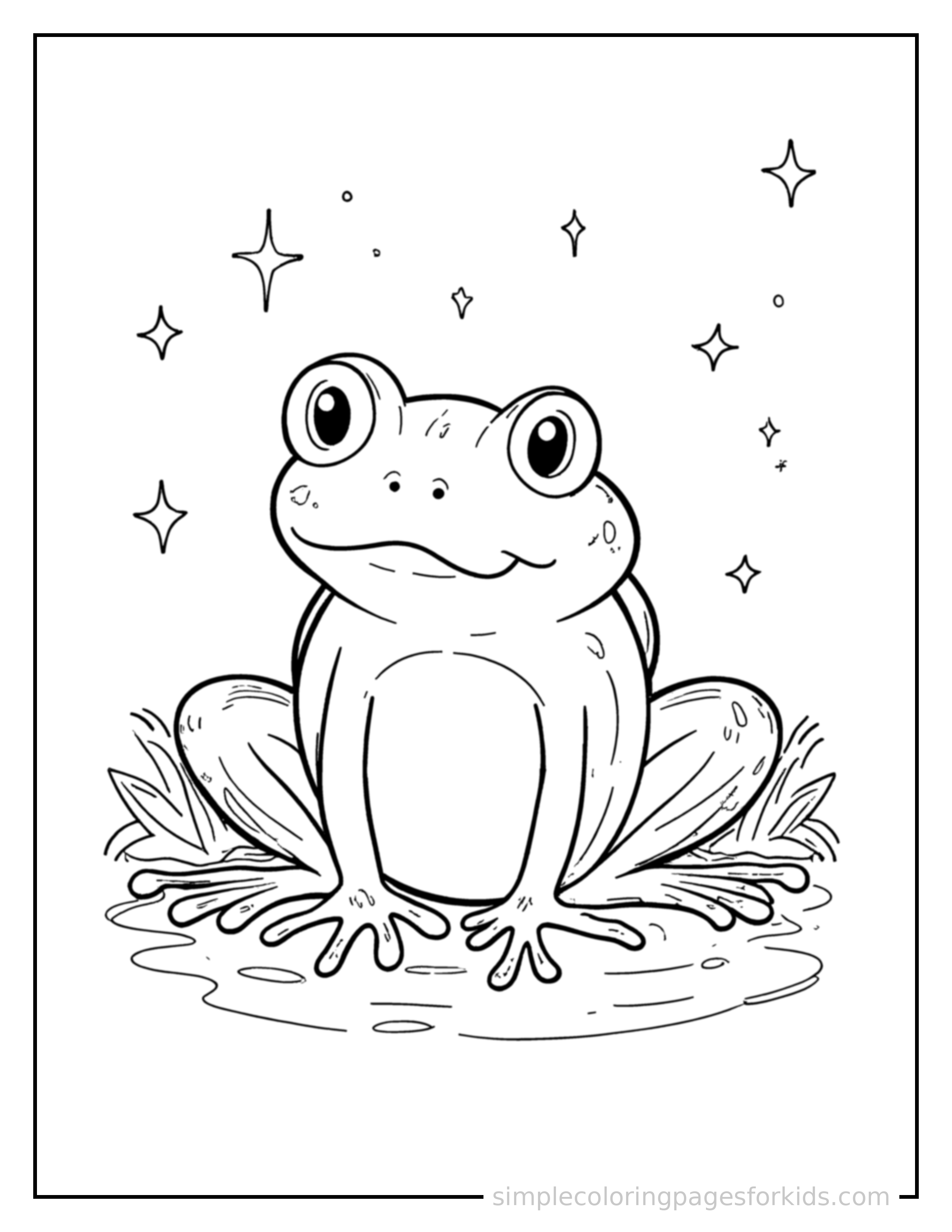 Free printable frog life cycle diagram coloring page featuring a cute frog life cycle diagram, shown from a slightly different angle with small decorative sparkle marks nearby.
