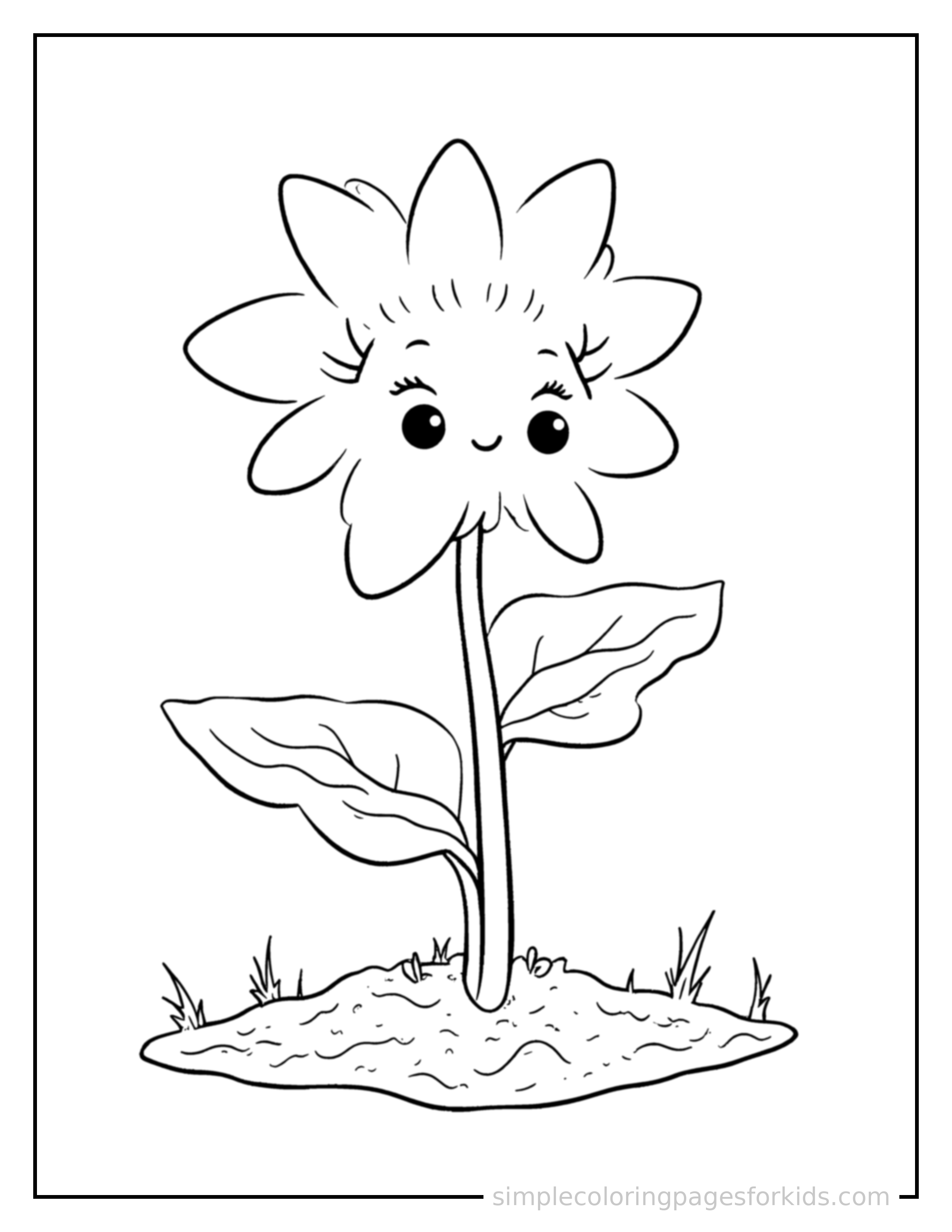 Free printable plant life cycle diagram coloring page featuring a cute plant life cycle diagram, shown as a simple central illustration with a cute smiling face.