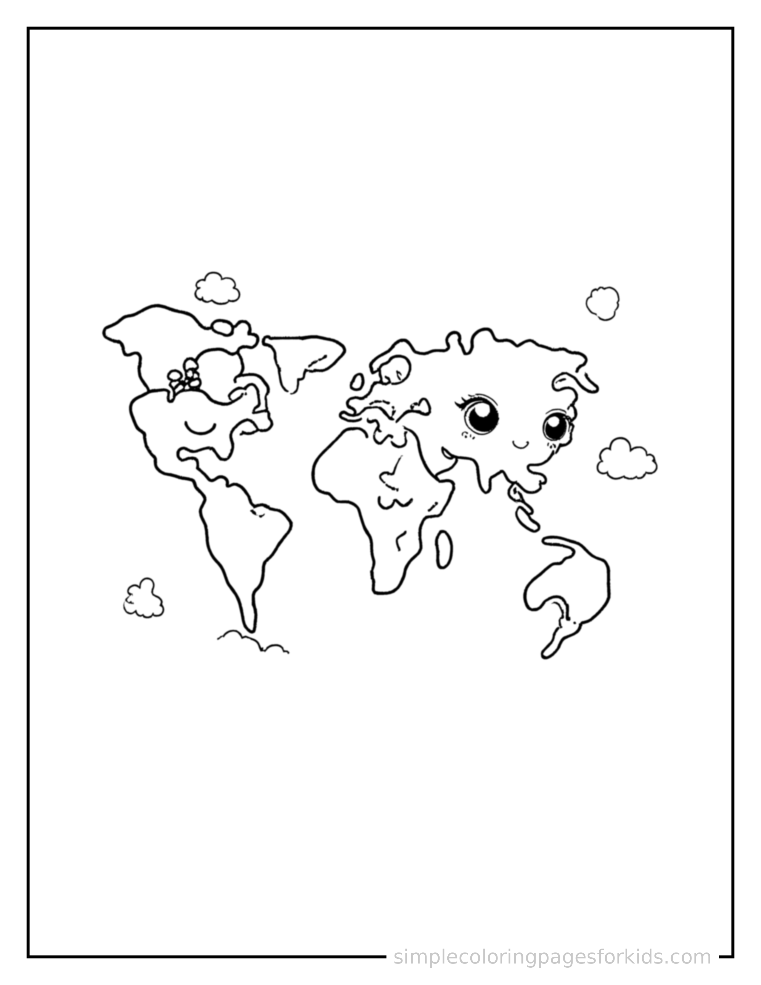 Free printable world map with countries coloring page featuring a cute world map with countries, shown as a simple central illustration with a cute smiling face.
