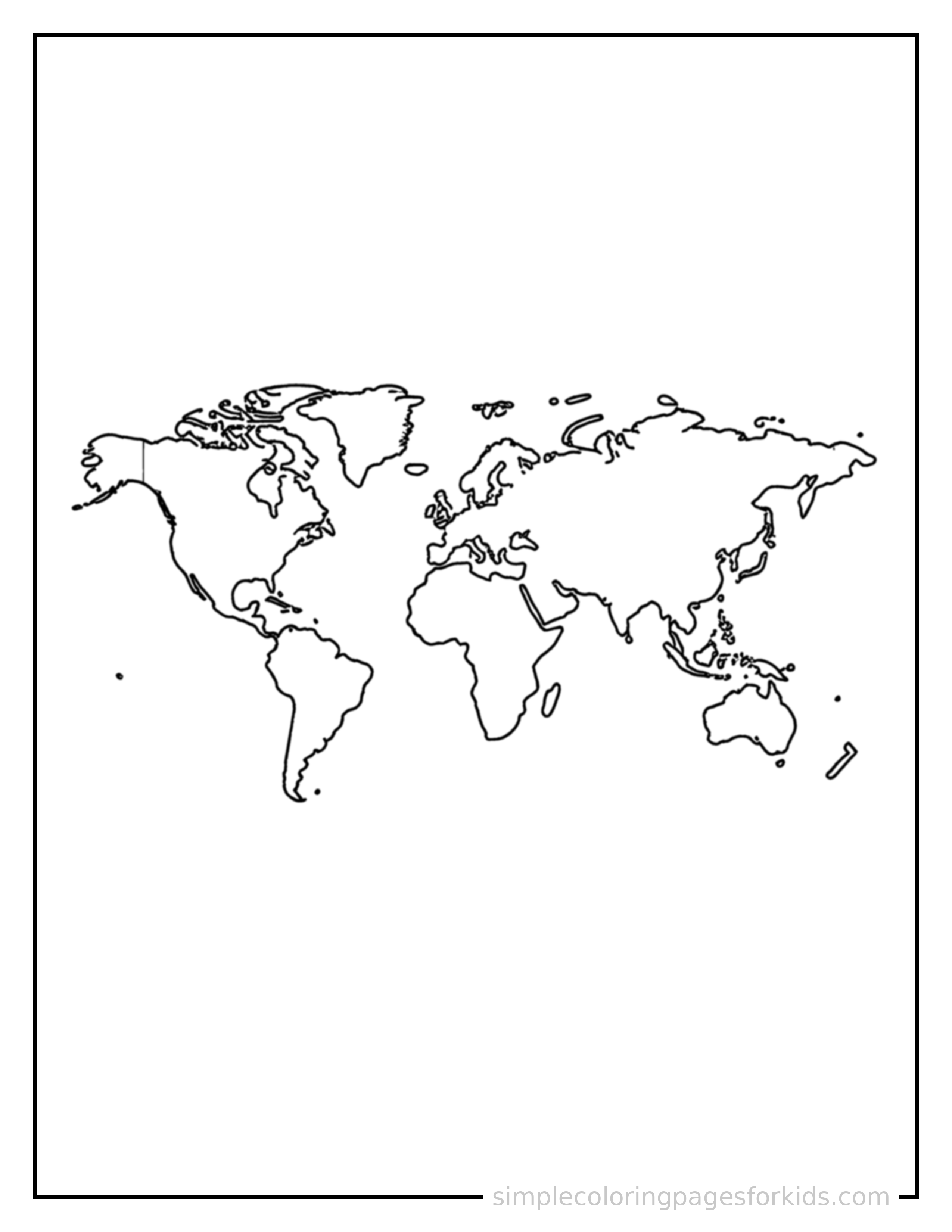 Free printable world map with countries coloring page featuring a cute world map with countries, shown from a slightly different angle with small decorative sparkle marks nearby.