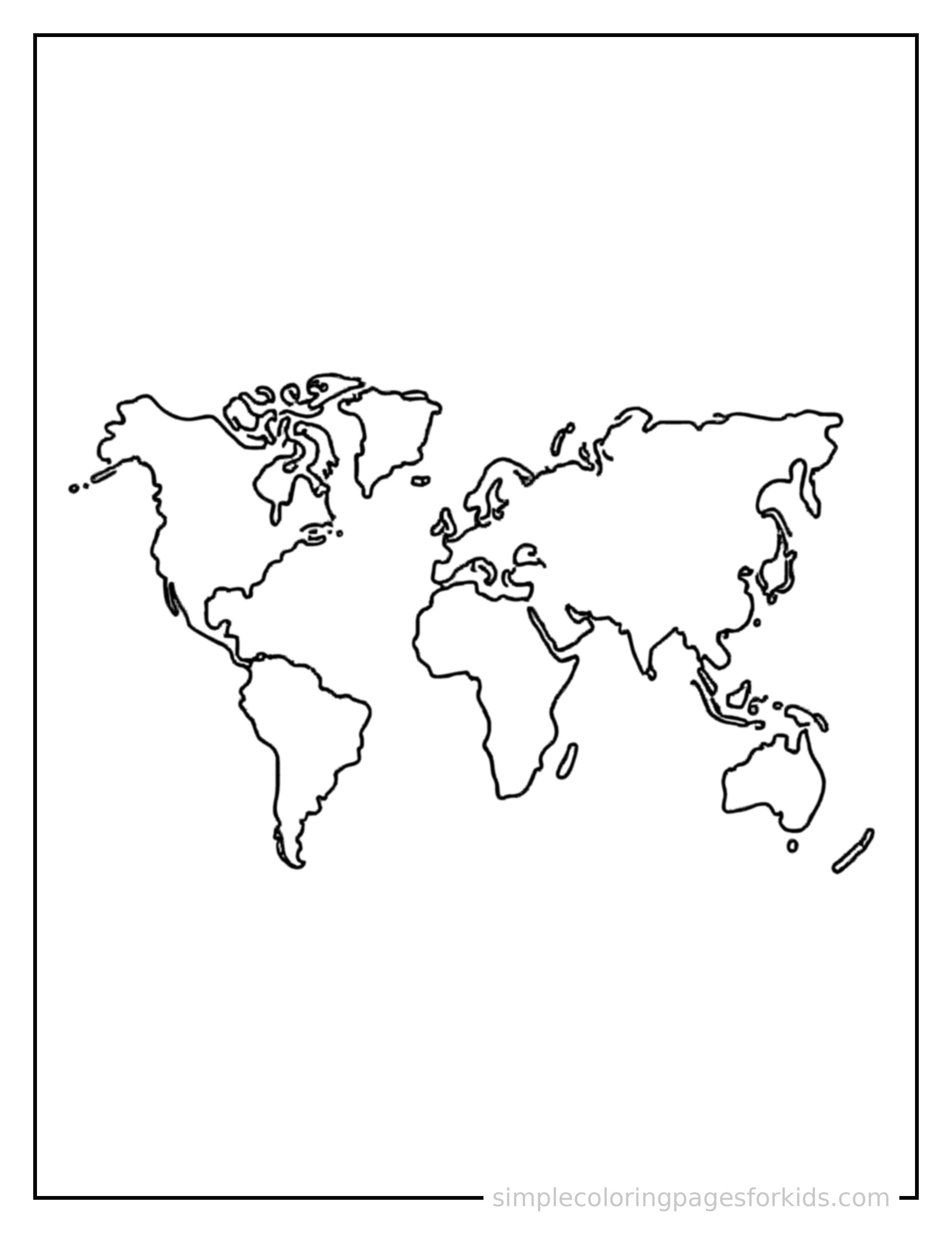 Free printable continents of the world map coloring page featuring a cute continents of the world map, shown as a simple central illustration with a cute smiling face.
