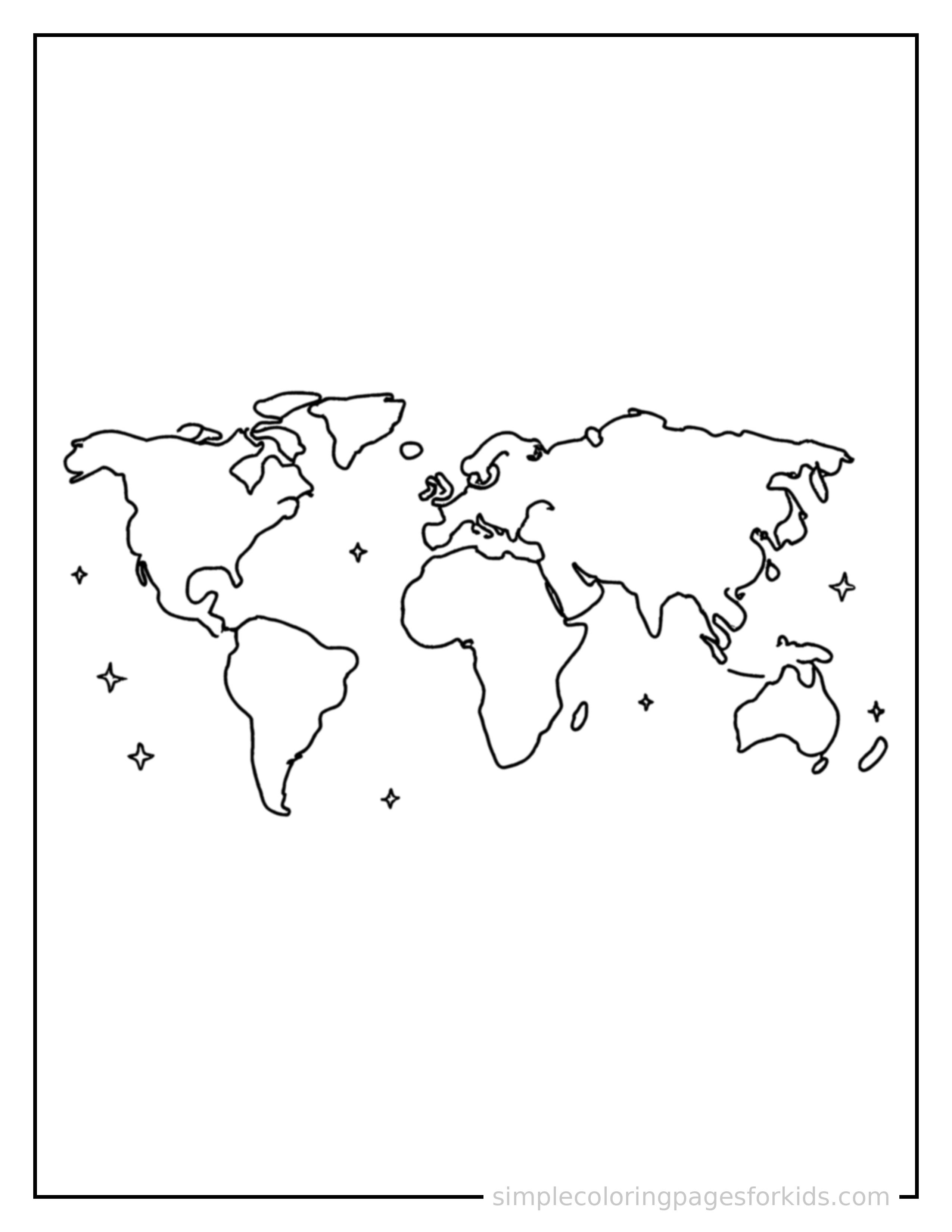 Free printable continents of the world map coloring page featuring a cute continents of the world map, shown from a slightly different angle with small decorative sparkle marks nearby.