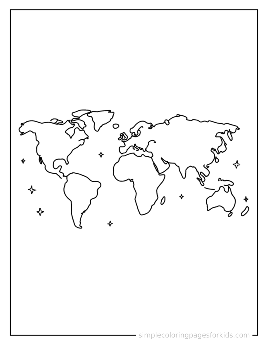 Sparkling Continents Of The World Map Coloring Page