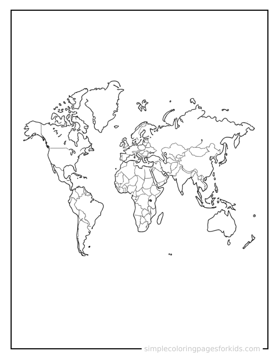 Coloring Scene 3 Continents Of The World Map Coloring Page