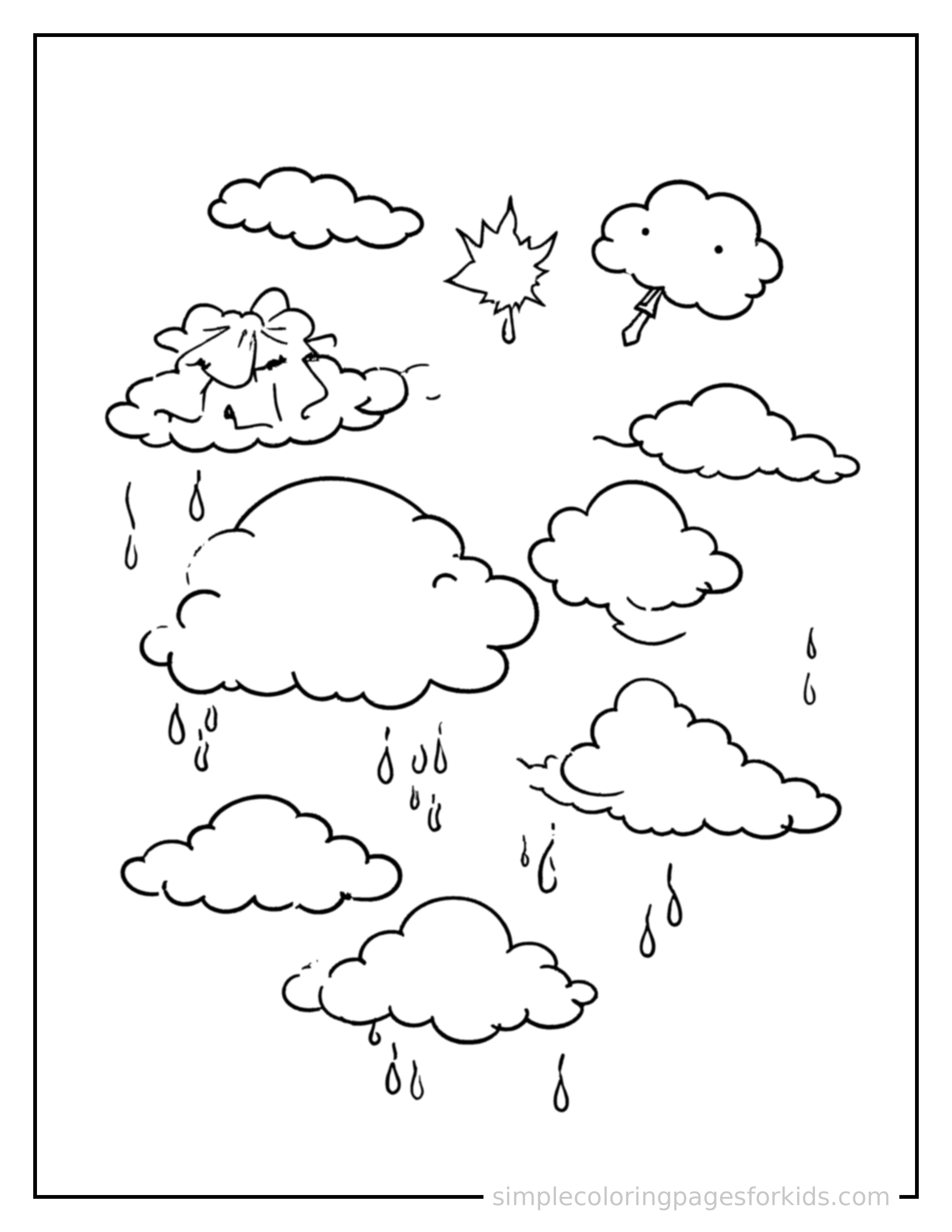 Free printable weather symbols chart coloring page featuring a cute weather symbols chart, decorated with a simple bow or ribbon for a festive touch.