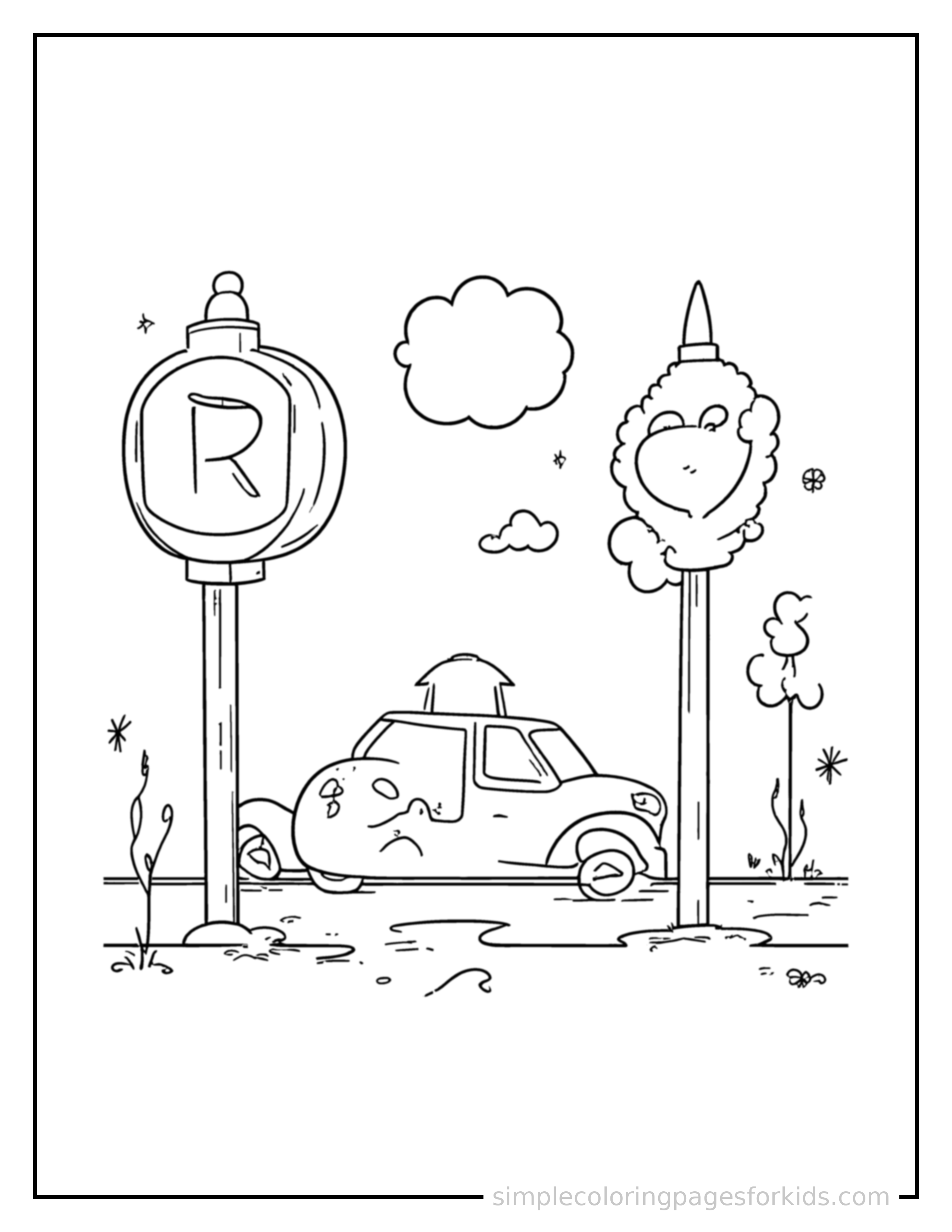 Free printable traffic signs chart coloring page featuring a cute traffic signs chart, shown from a slightly different angle with small decorative sparkle marks nearby.