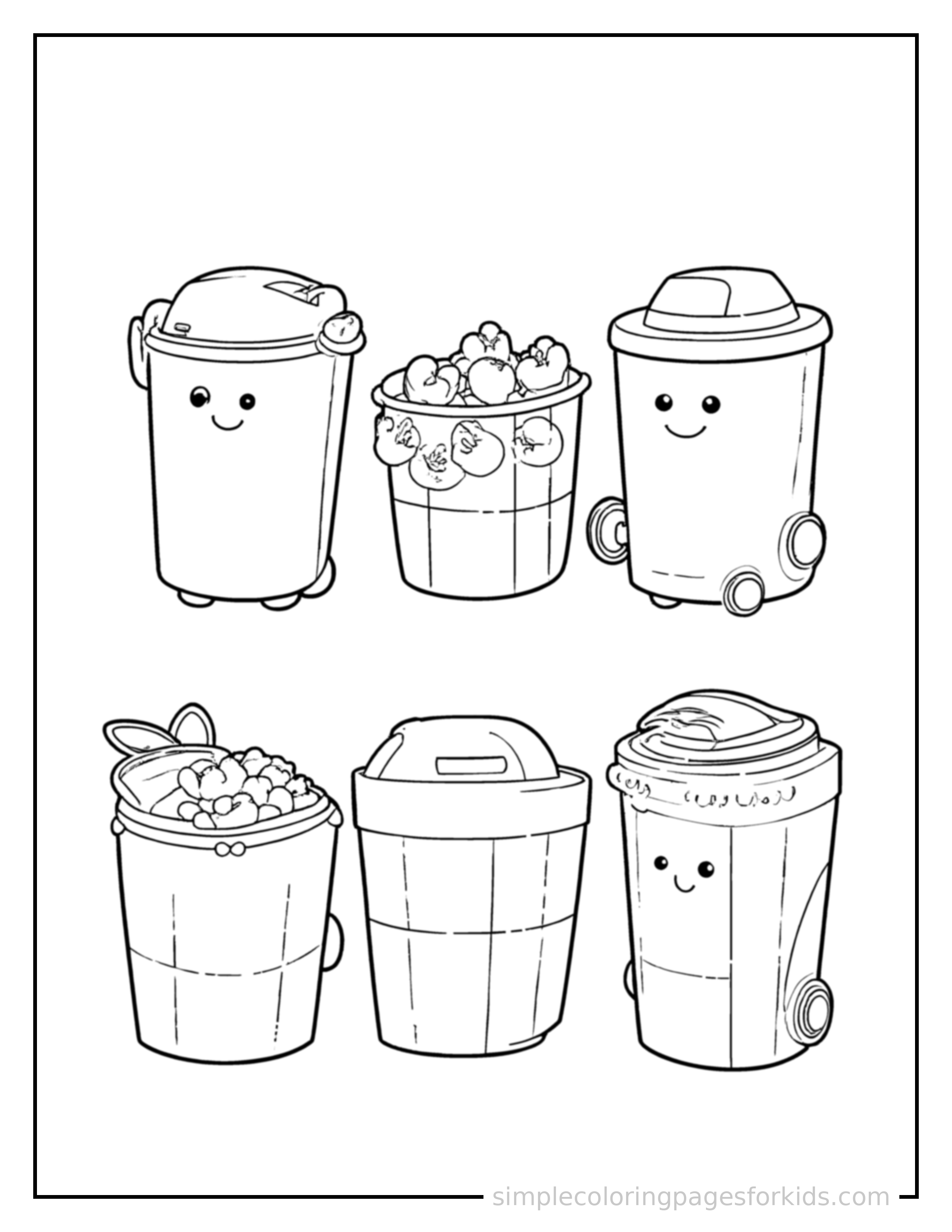 Free printable recycling bins sorting chart coloring page featuring a cute recycling bins sorting chart, shown as a simple central illustration with a cute smiling face.