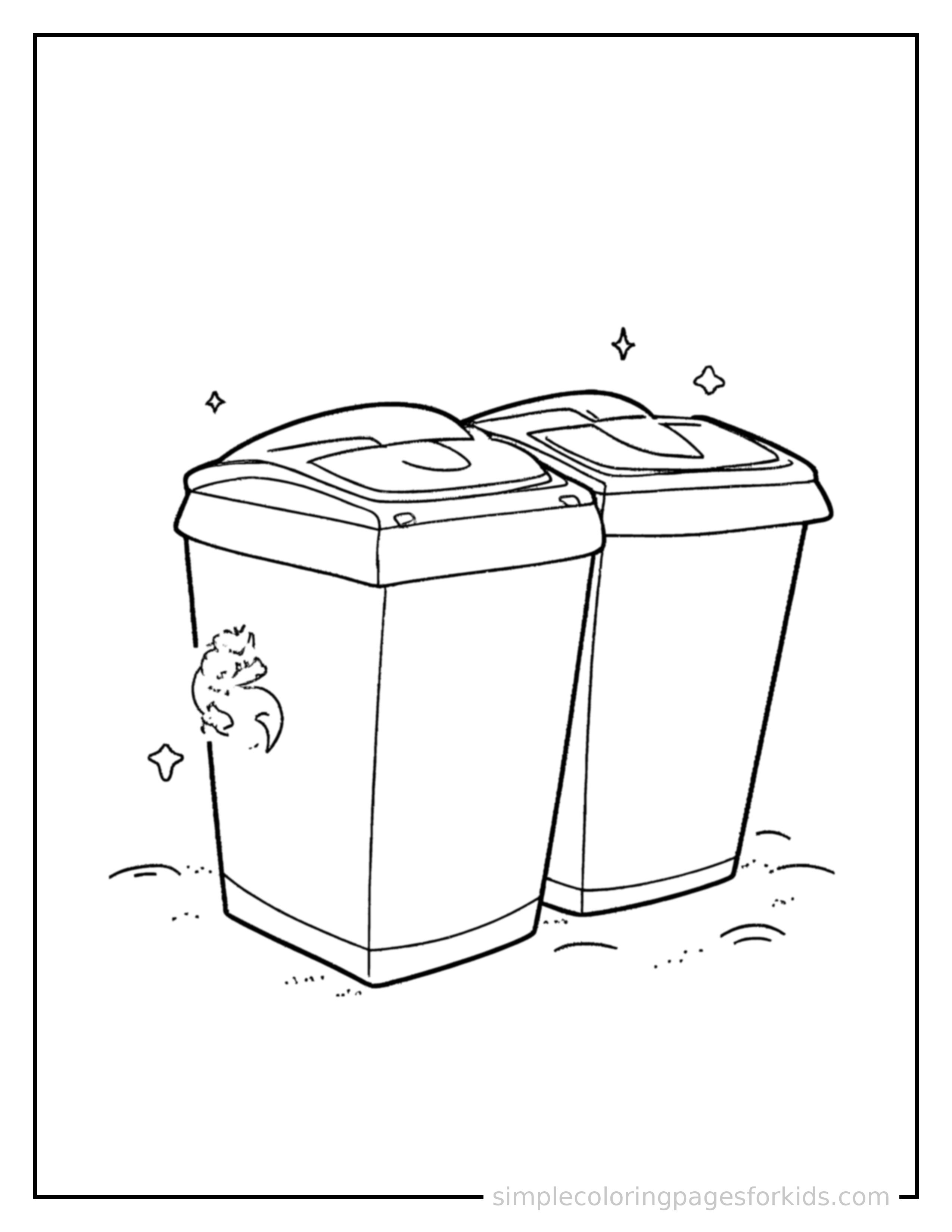 Free printable recycling bins sorting chart coloring page featuring a cute recycling bins sorting chart, shown from a slightly different angle with small decorative sparkle marks nearby.