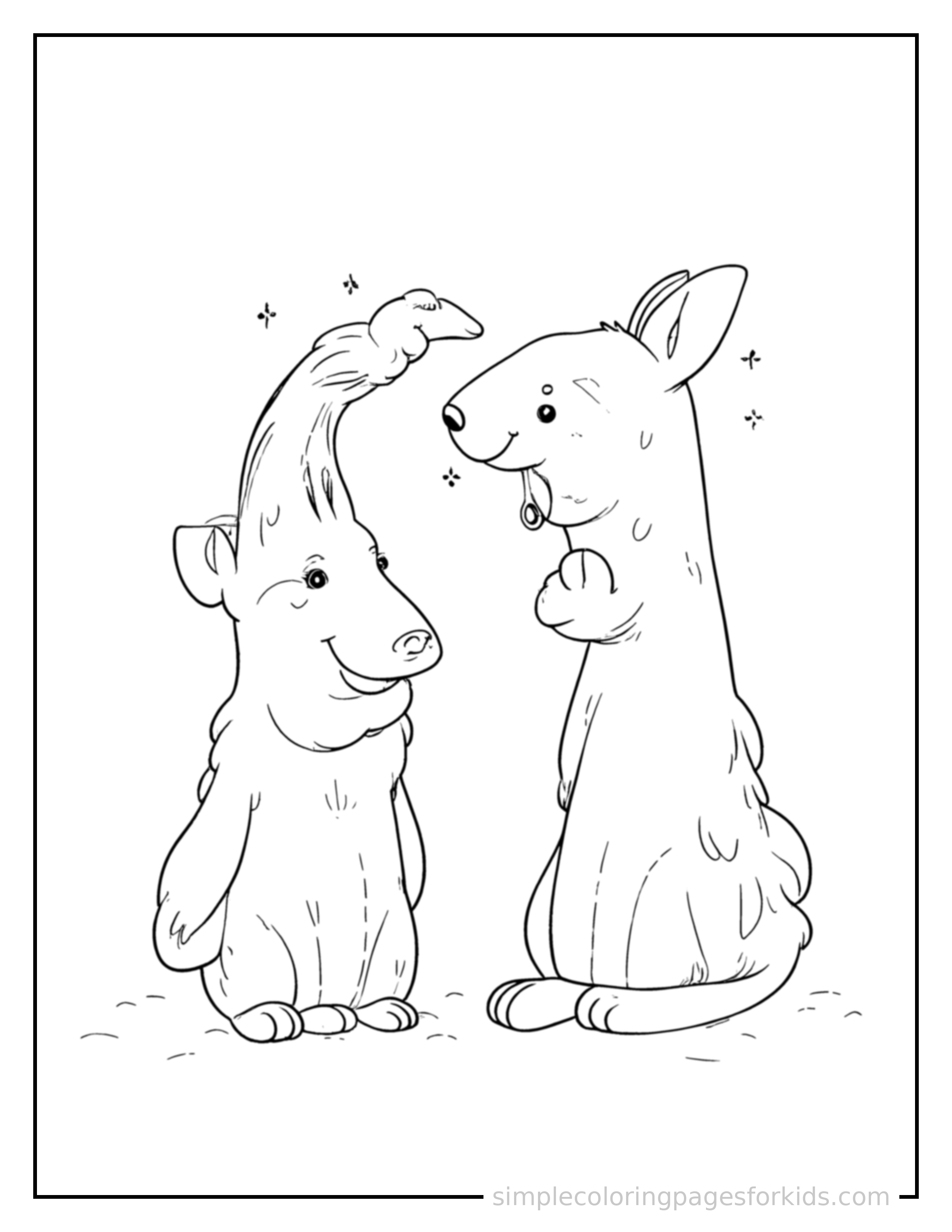 Free printable same and different comparison coloring page featuring a cute same and different comparison, shown from a slightly different angle with small decorative sparkle marks nearby.