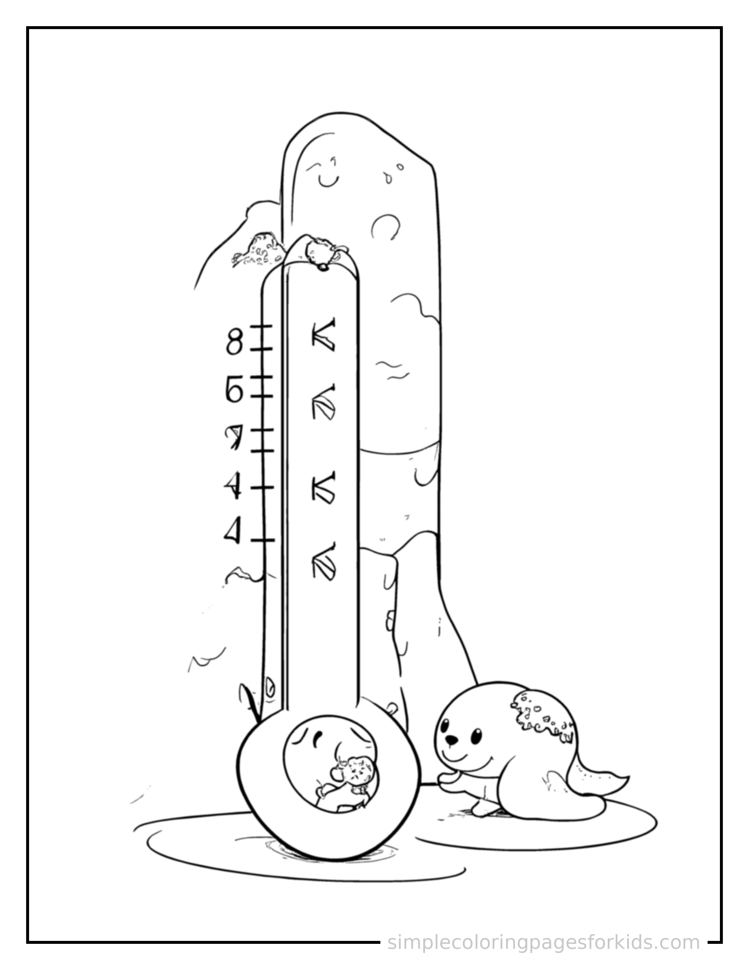 Free printable weather instruments like a thermometer coloring page featuring a cute weather instruments like a thermometer, shown with a smaller mini version of itself beside it.