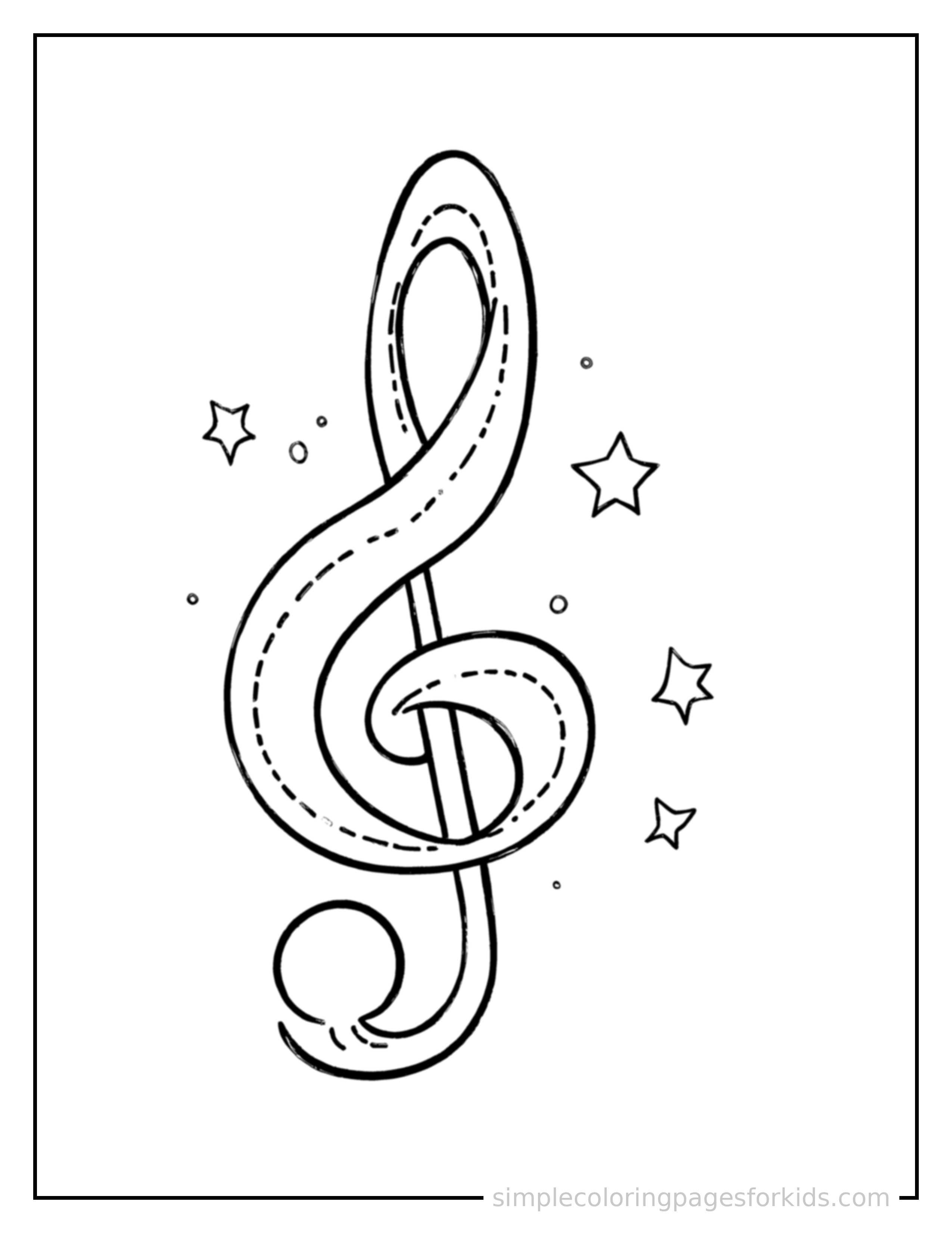 Free printable musical notes on a staff coloring page featuring a cute musical notes on a staff, shown from a slightly different angle with small decorative sparkle marks nearby.