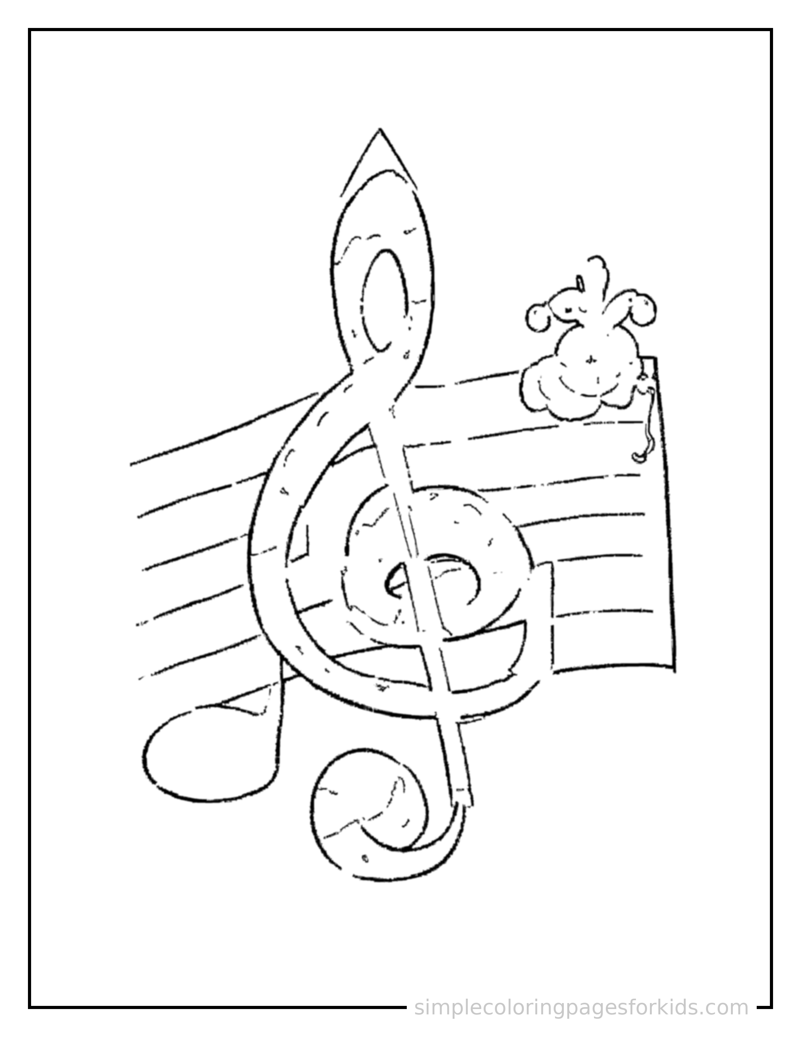 Free printable musical notes on a staff coloring page featuring a cute musical notes on a staff, shown with a smaller mini version of itself beside it.