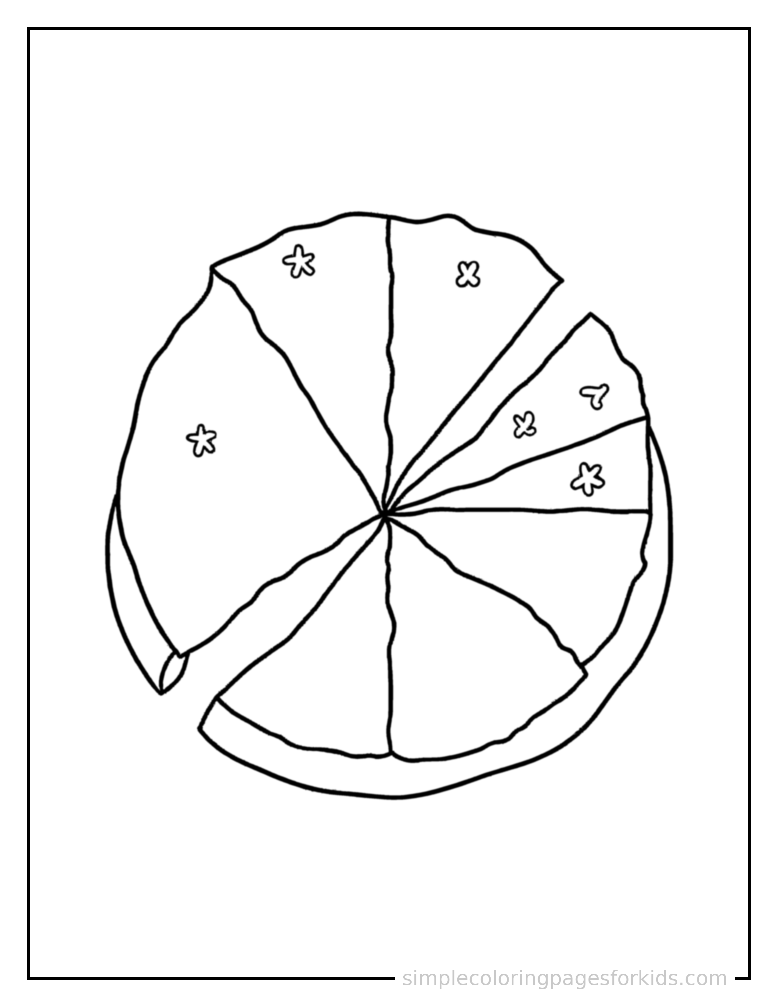 Free printable simple fractions pie chart coloring page featuring a cute simple fractions pie chart, shown from a slightly different angle with small decorative sparkle marks nearby.
