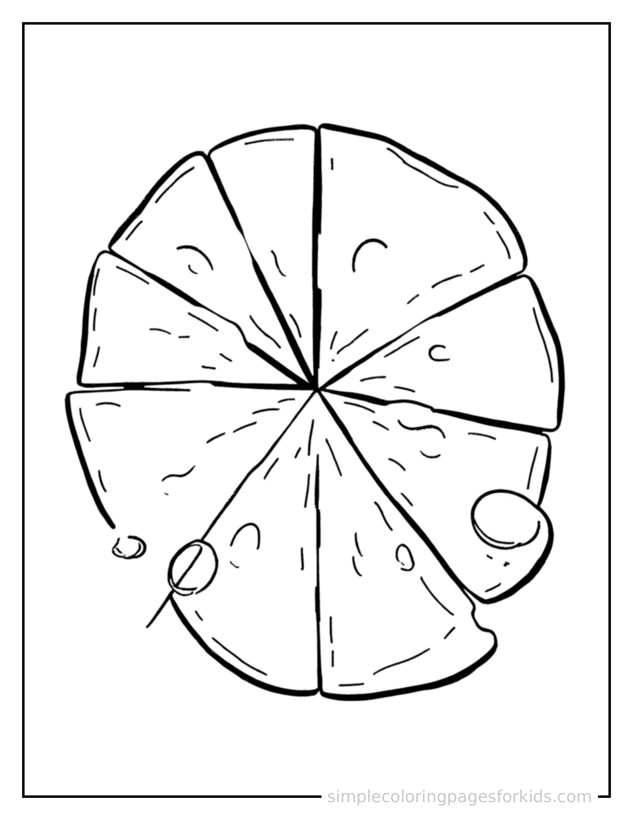 Free printable simple fractions pie chart coloring page featuring a cute simple fractions pie chart, shown with a smaller mini version of itself beside it.