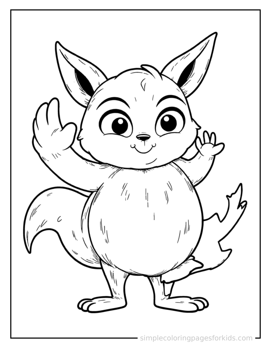 Free printable electric buddy coloring page featuring a cute round electric forest creature with big pointy ears and a lightning-bolt tail standing tall with a big cheerful grin, one hand raised in a wave, head tilted slightly.