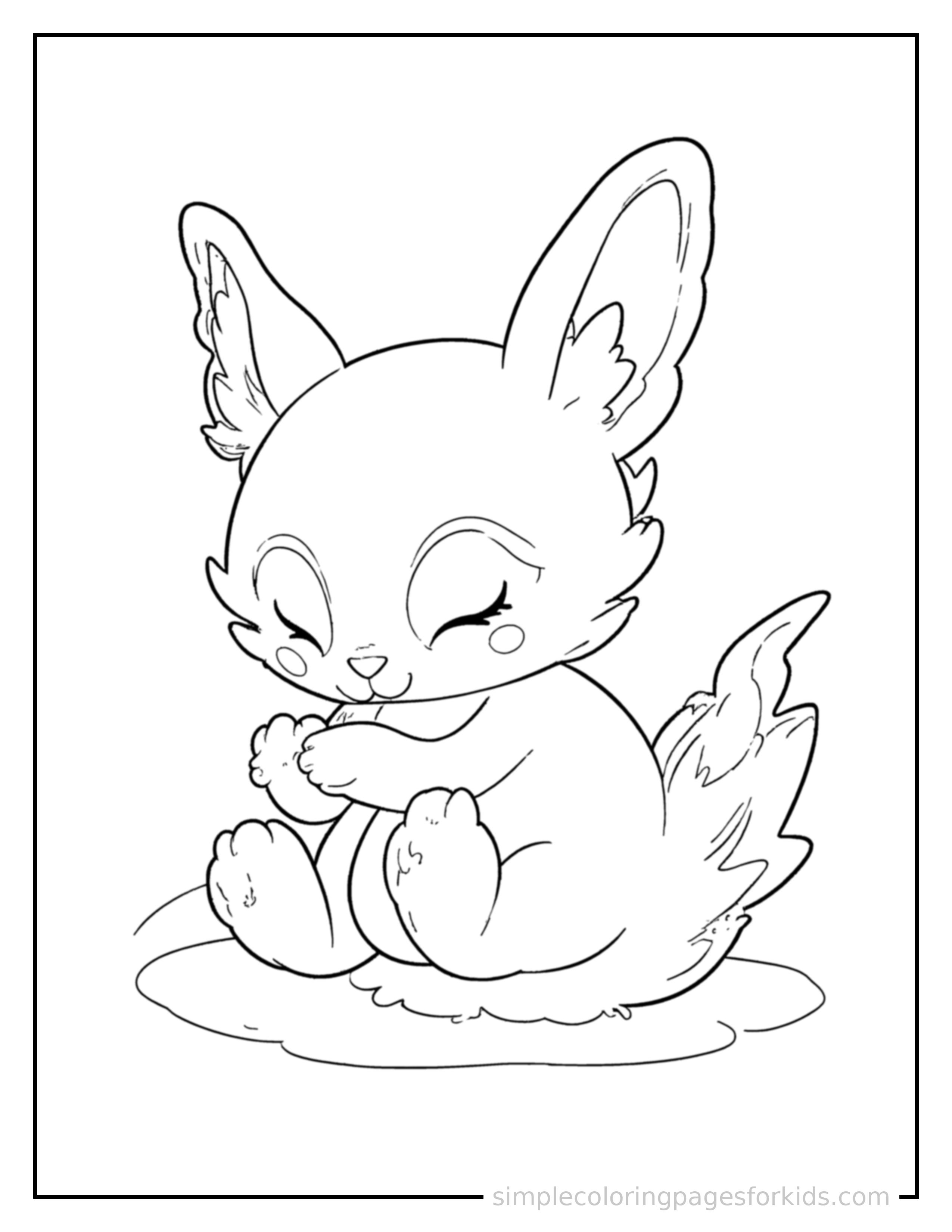 Free printable electric buddy coloring page featuring a cute round electric forest creature with big pointy ears and a lightning-bolt tail curled up fast asleep, peaceful smile, one eye scrunched shut, hands tucked under the chin.