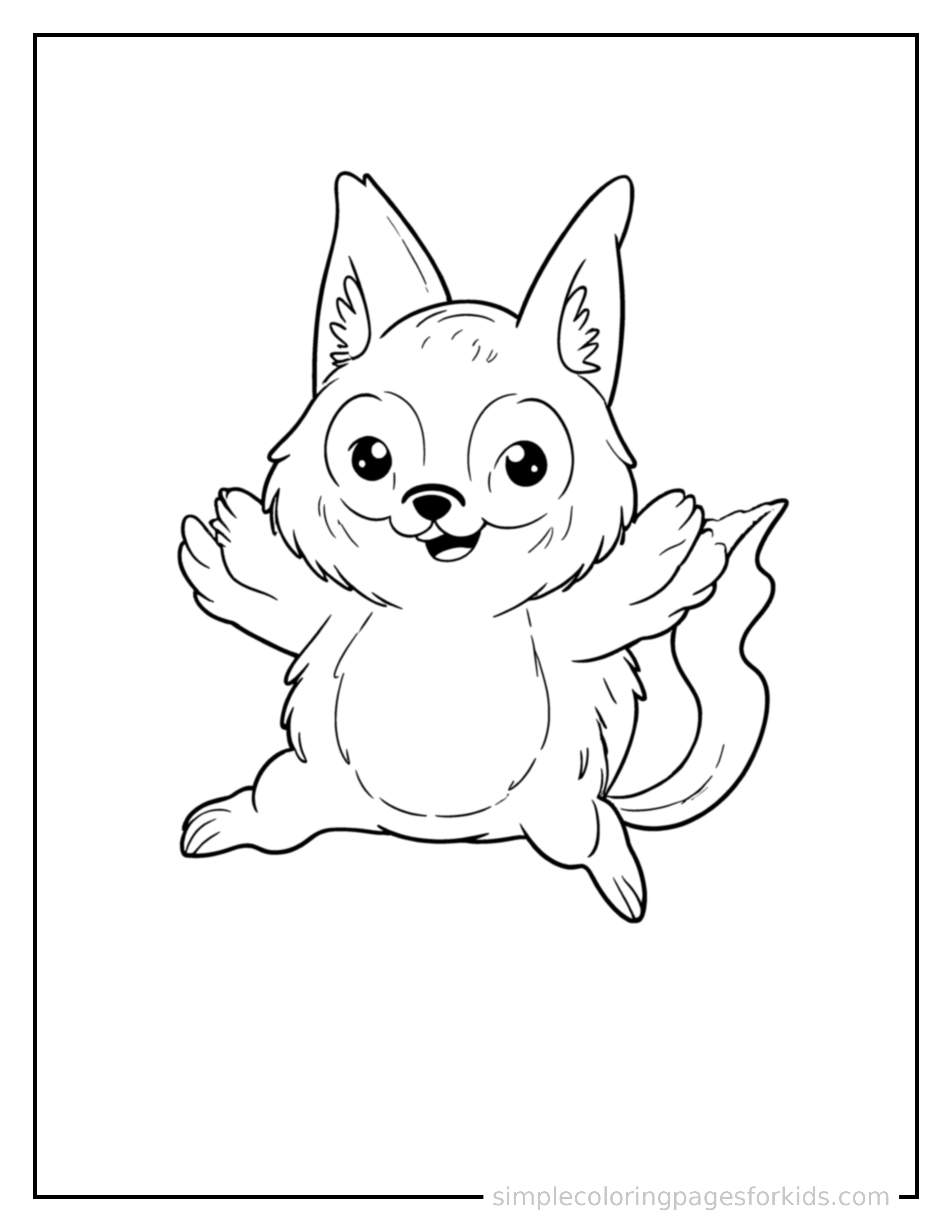 Free printable electric buddy coloring page featuring a cute round electric forest creature with big pointy ears and a lightning-bolt tail mid-jump with arms and legs stretched out playfully, mouth open with excitement.