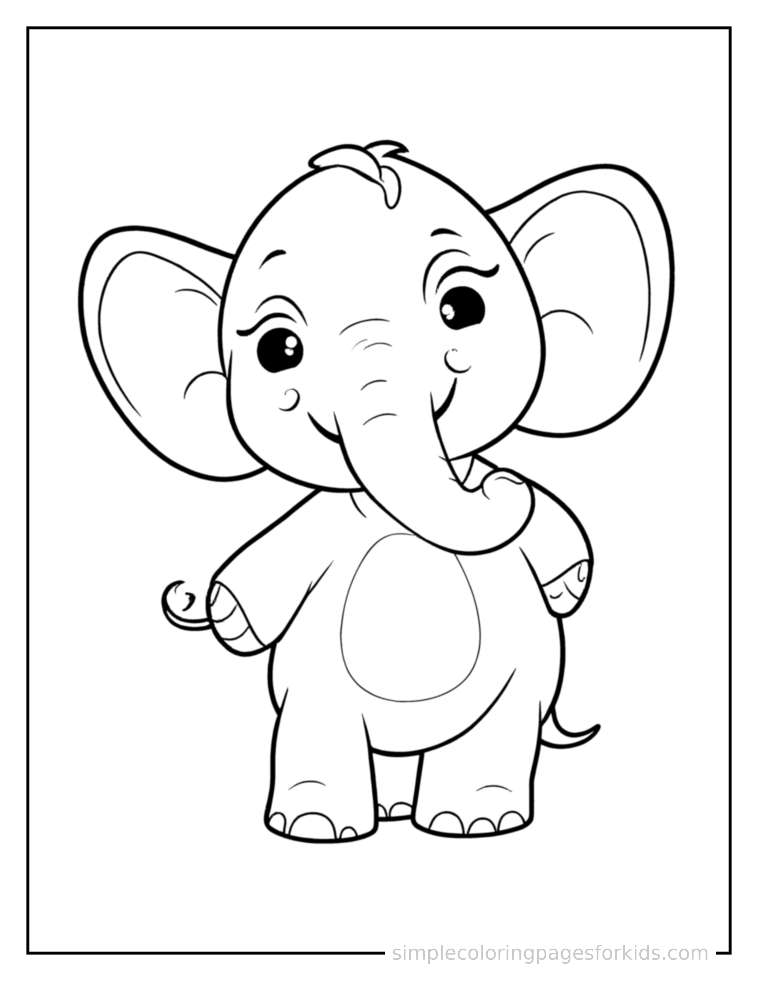 Free printable elephant coloring page featuring a cute elephant standing proudly on all fours, chest puffed out, big sparkling happy eyes, mouth open in a joyful smile.