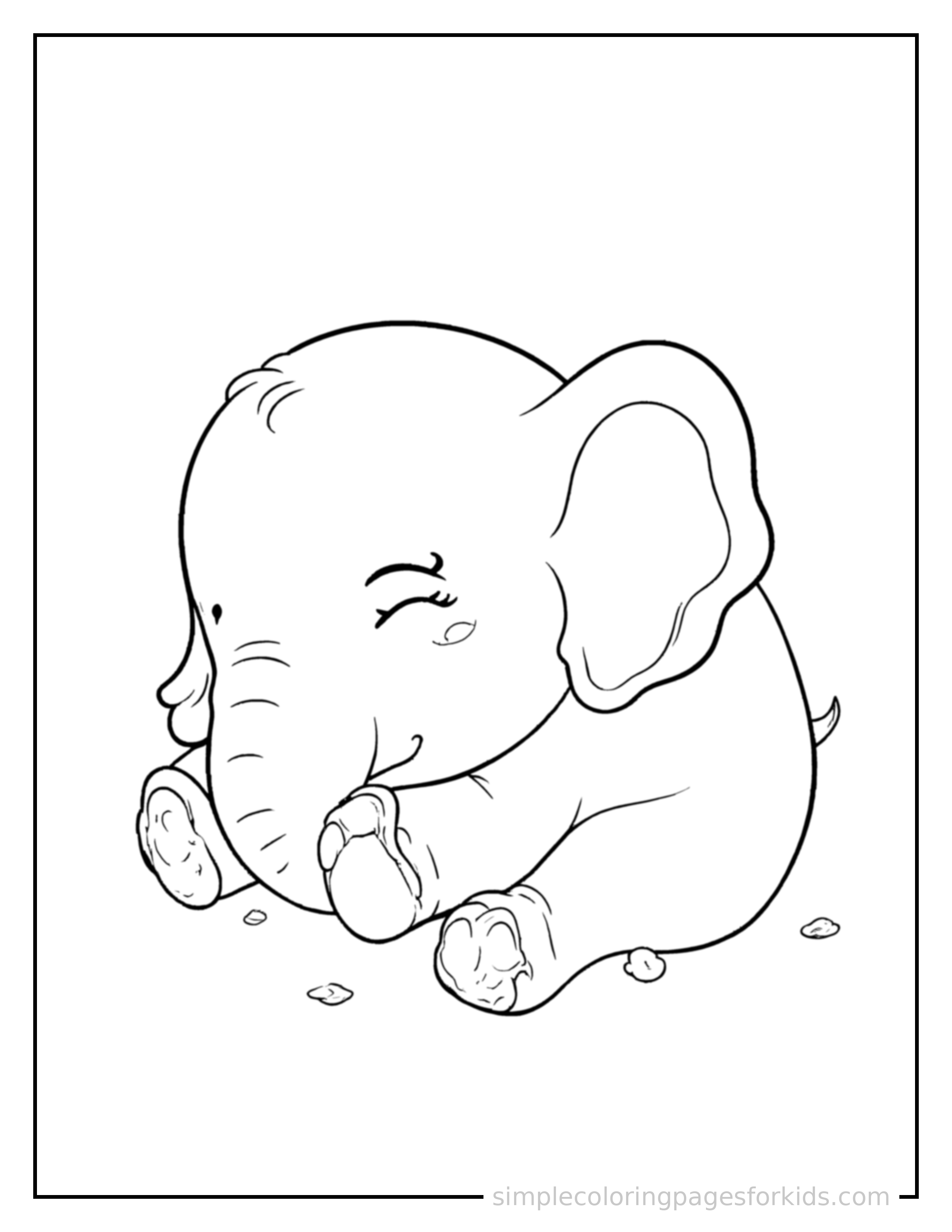 Free printable elephant coloring page featuring a cute elephant curled up fast asleep, peaceful smile, one eye scrunched shut, paws tucked under its chin.