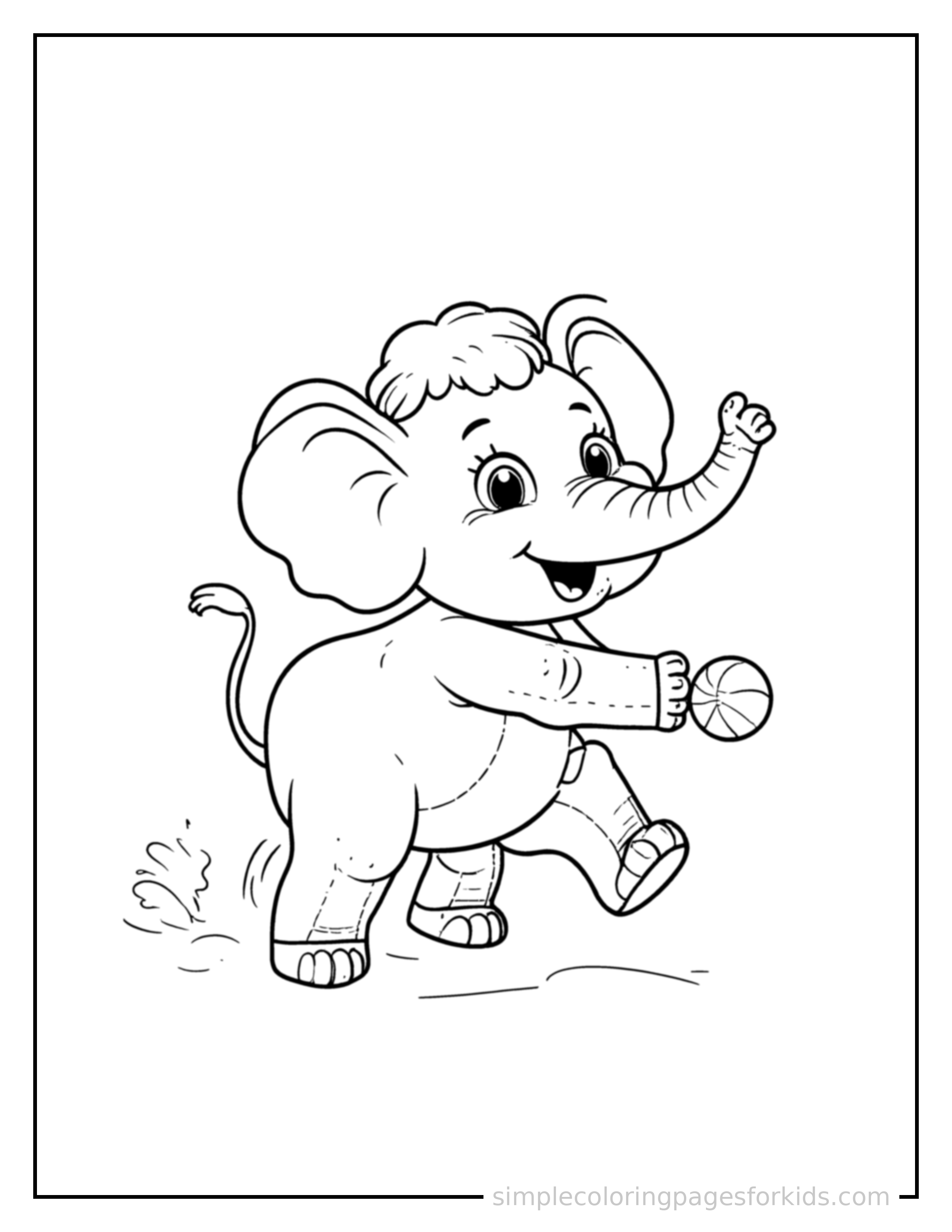 Free printable elephant coloring page featuring a cute elephant mid-bounce chasing a round ball, front paws stretched forward, mouth open with excitement, ears flopping.