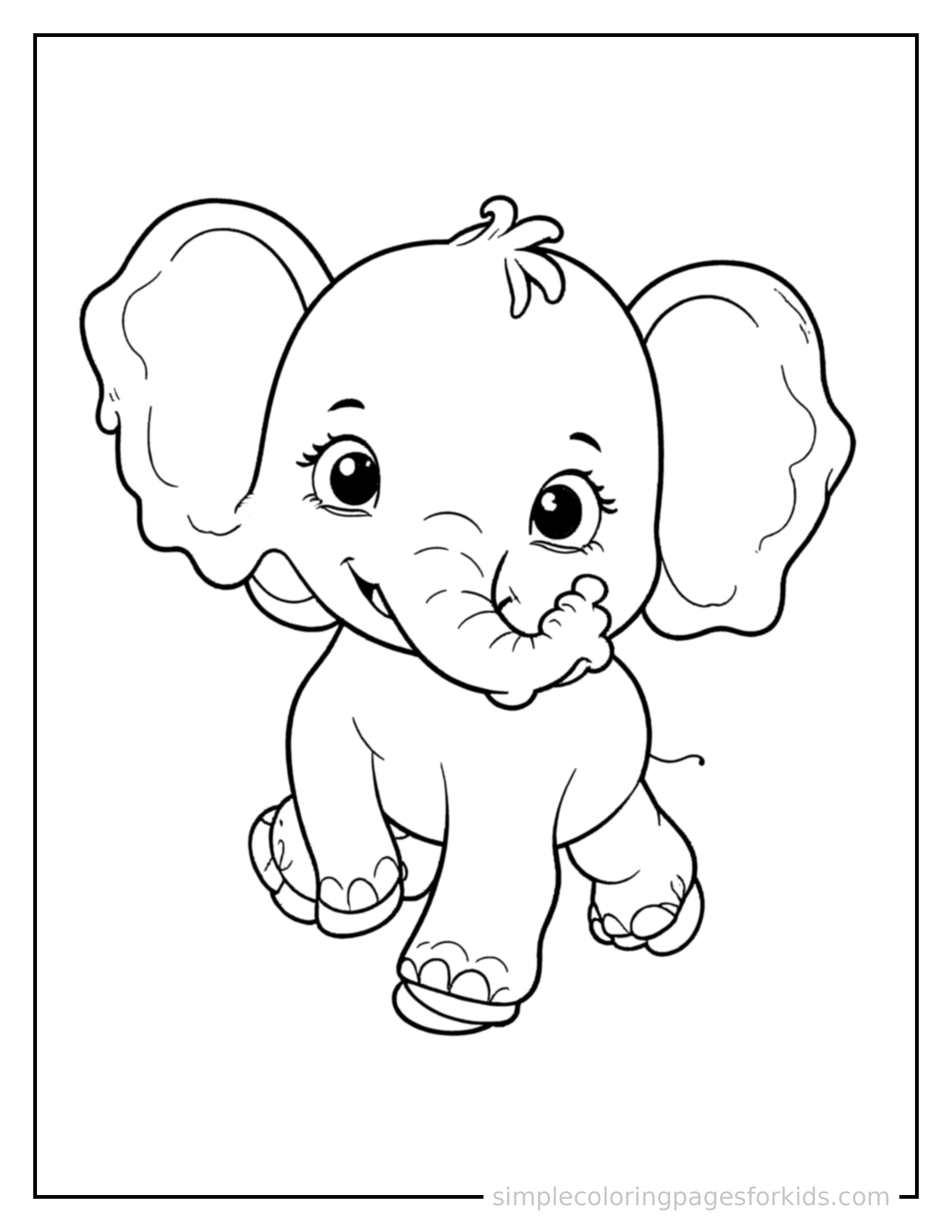 Free printable elephant coloring page featuring a cute elephant galloping forward at full speed, tongue out, ears flying back, big happy grin.