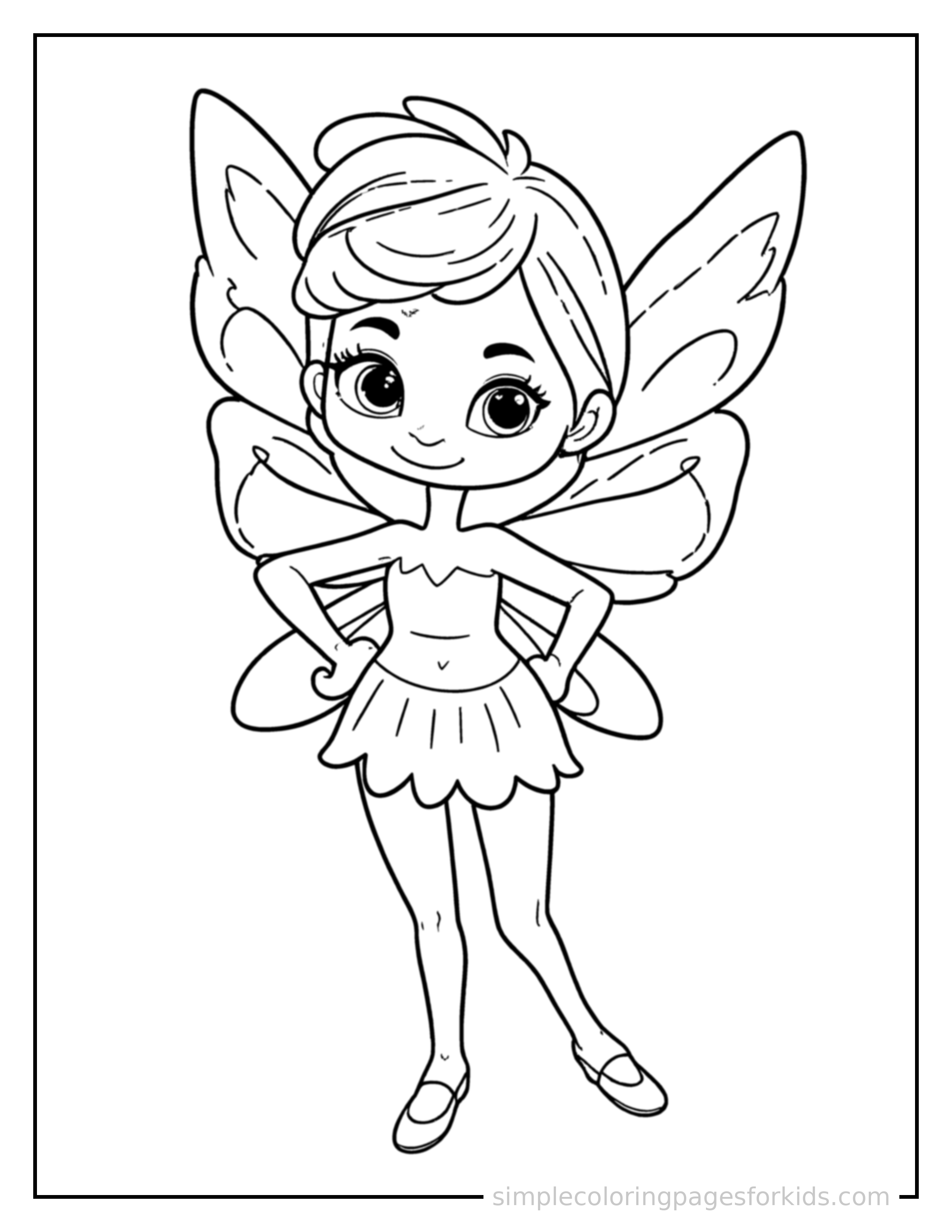 Free printable fairy coloring page featuring a cute fairy with delicate wings standing proudly with hands on hips, chest out, big sparkling happy eyes and open smile.
