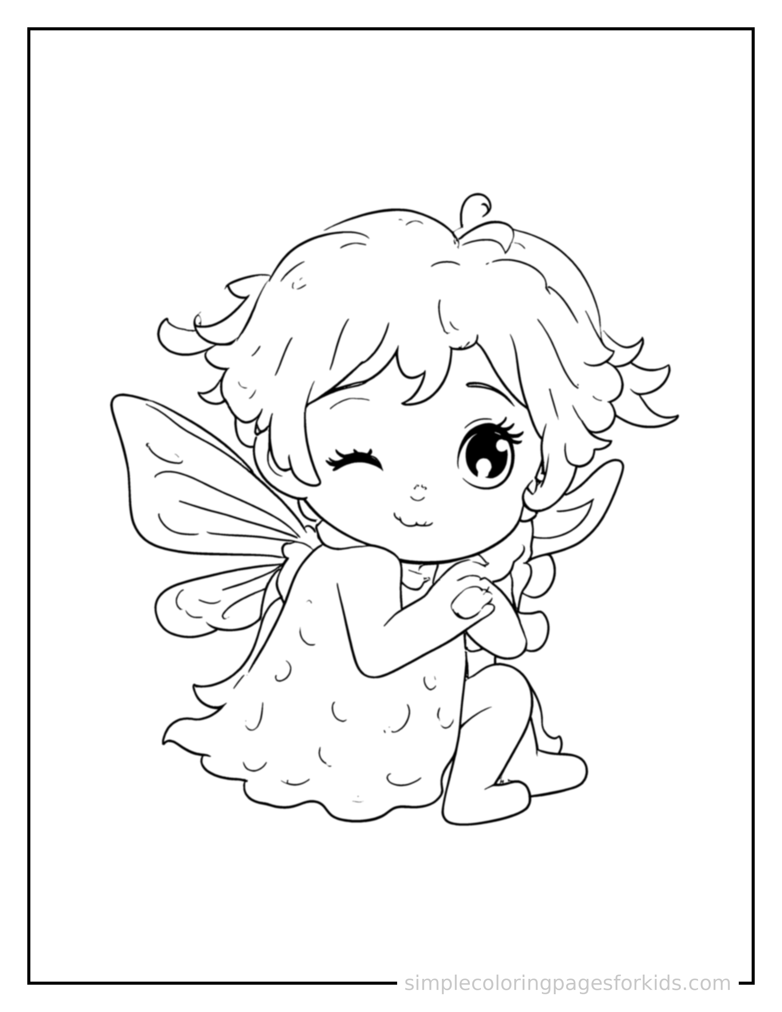 Free printable fairy coloring page featuring a cute fairy with delicate wings curled up fast asleep, peaceful smile, one eye scrunched shut, hands tucked under the chin.