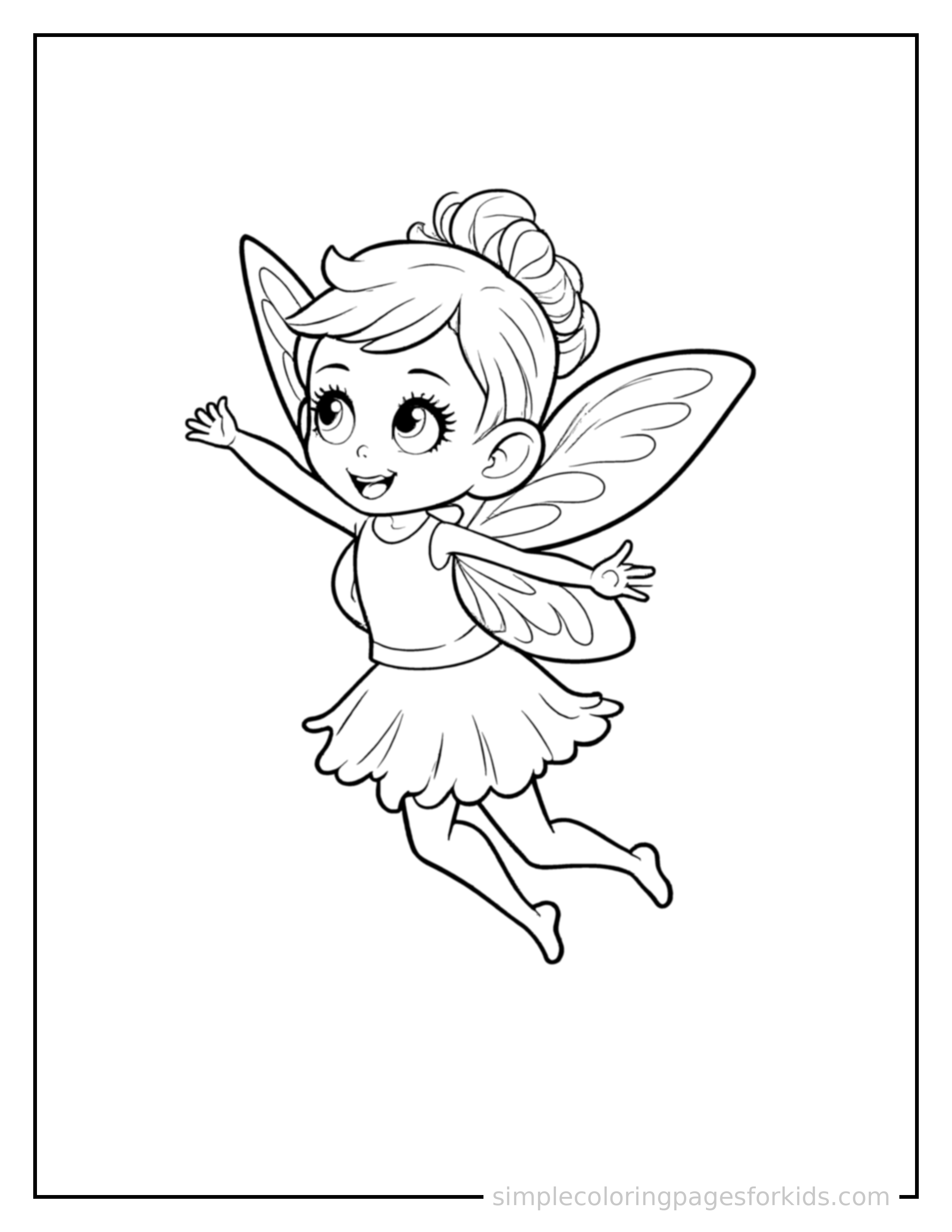 Free printable fairy coloring page featuring a cute fairy with delicate wings mid-jump with arms and legs stretched out playfully, mouth open with excitement.