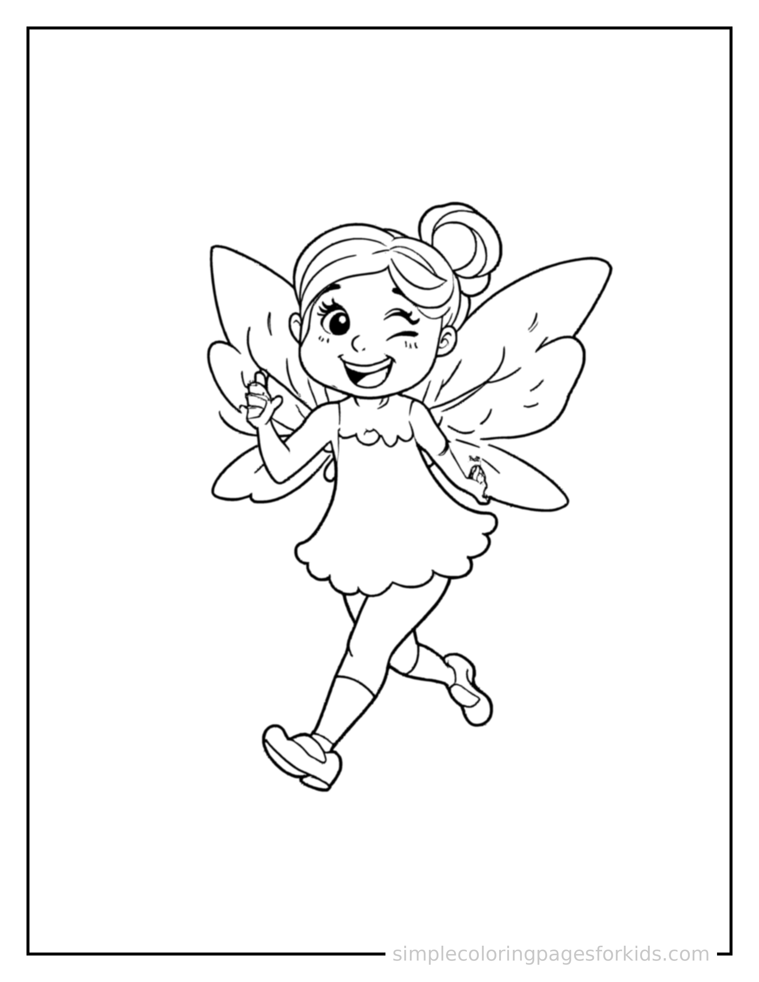Free printable fairy coloring page featuring a cute fairy with delicate wings running forward at full speed, arms pumping, big happy grin.