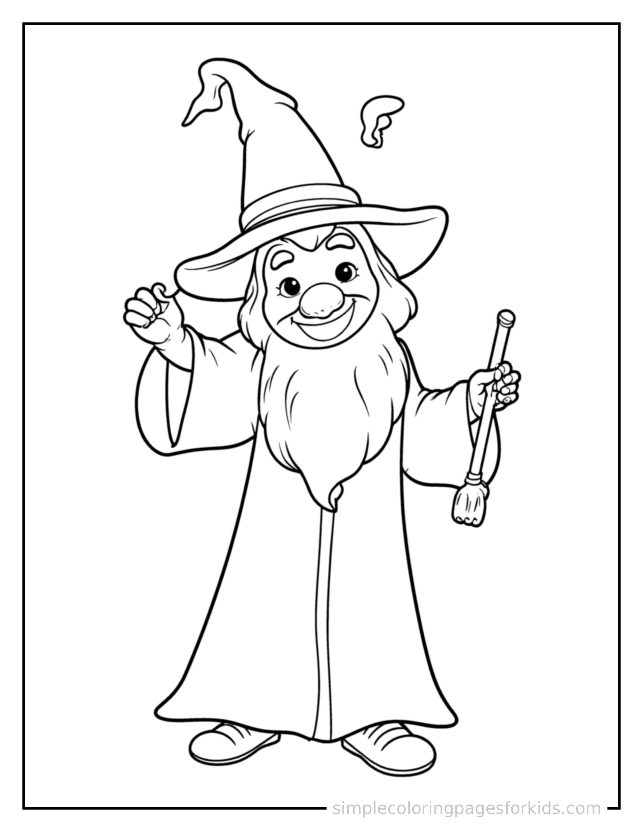 Free printable friendly wizard with a tall hat and a magic staff coloring page featuring a cute friendly wizard with a tall hat and a magic staff standing tall with a big cheerful grin, one hand raised in a wave, head tilted slightly.