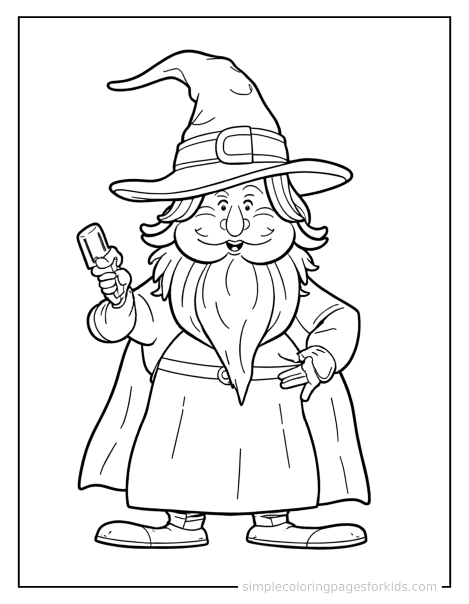 Proud Friendly Wizard With A Tall Hat And A Magic Staff Coloring Page
