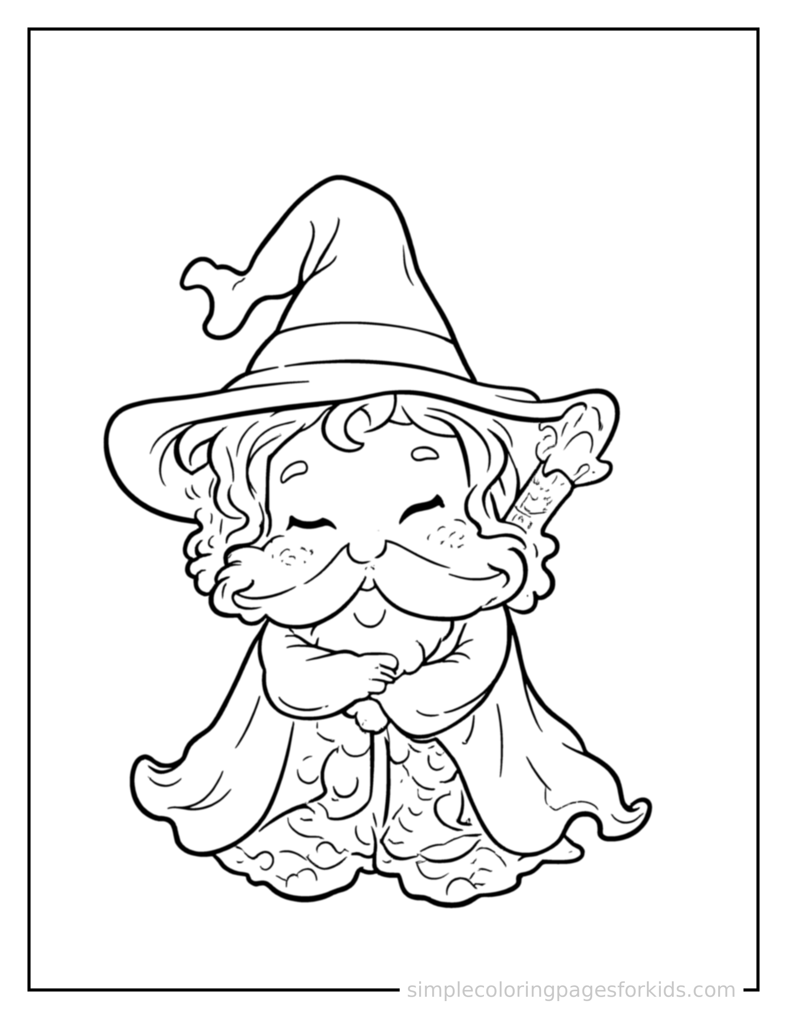 Free printable friendly wizard with a tall hat and a magic staff coloring page featuring a cute friendly wizard with a tall hat and a magic staff curled up fast asleep, peaceful smile, one eye scrunched shut, hands tucked under the chin.