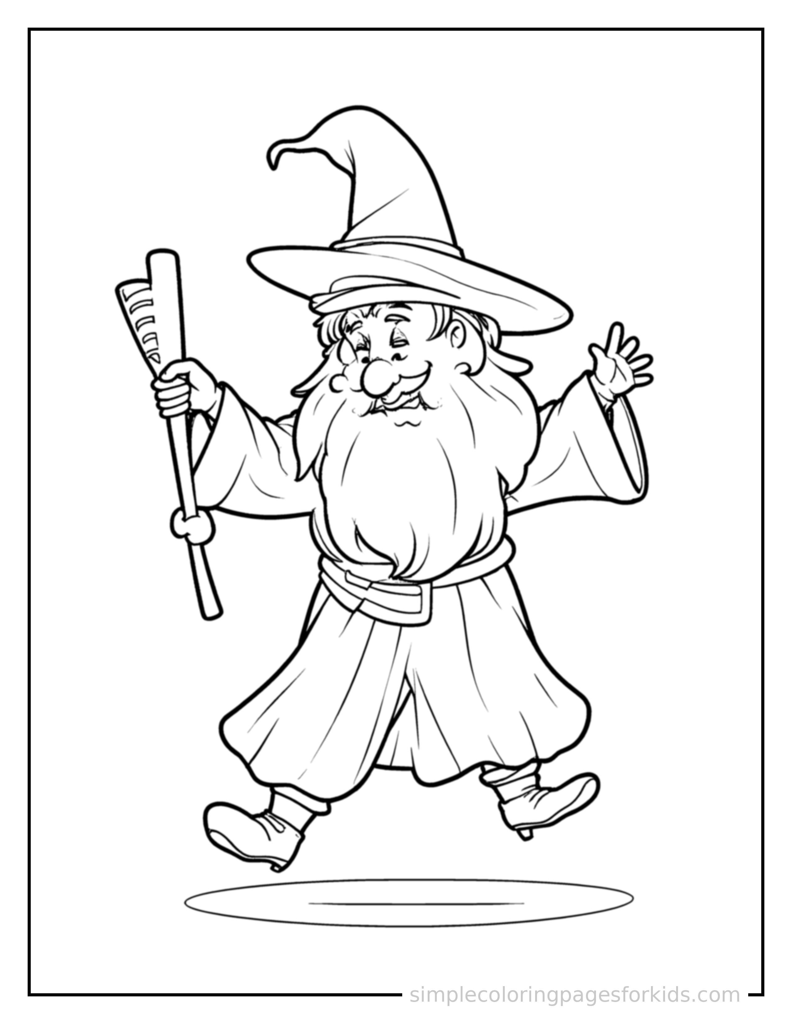Free printable friendly wizard with a tall hat and a magic staff coloring page featuring a cute friendly wizard with a tall hat and a magic staff mid-jump with arms and legs stretched out playfully, mouth open with excitement.