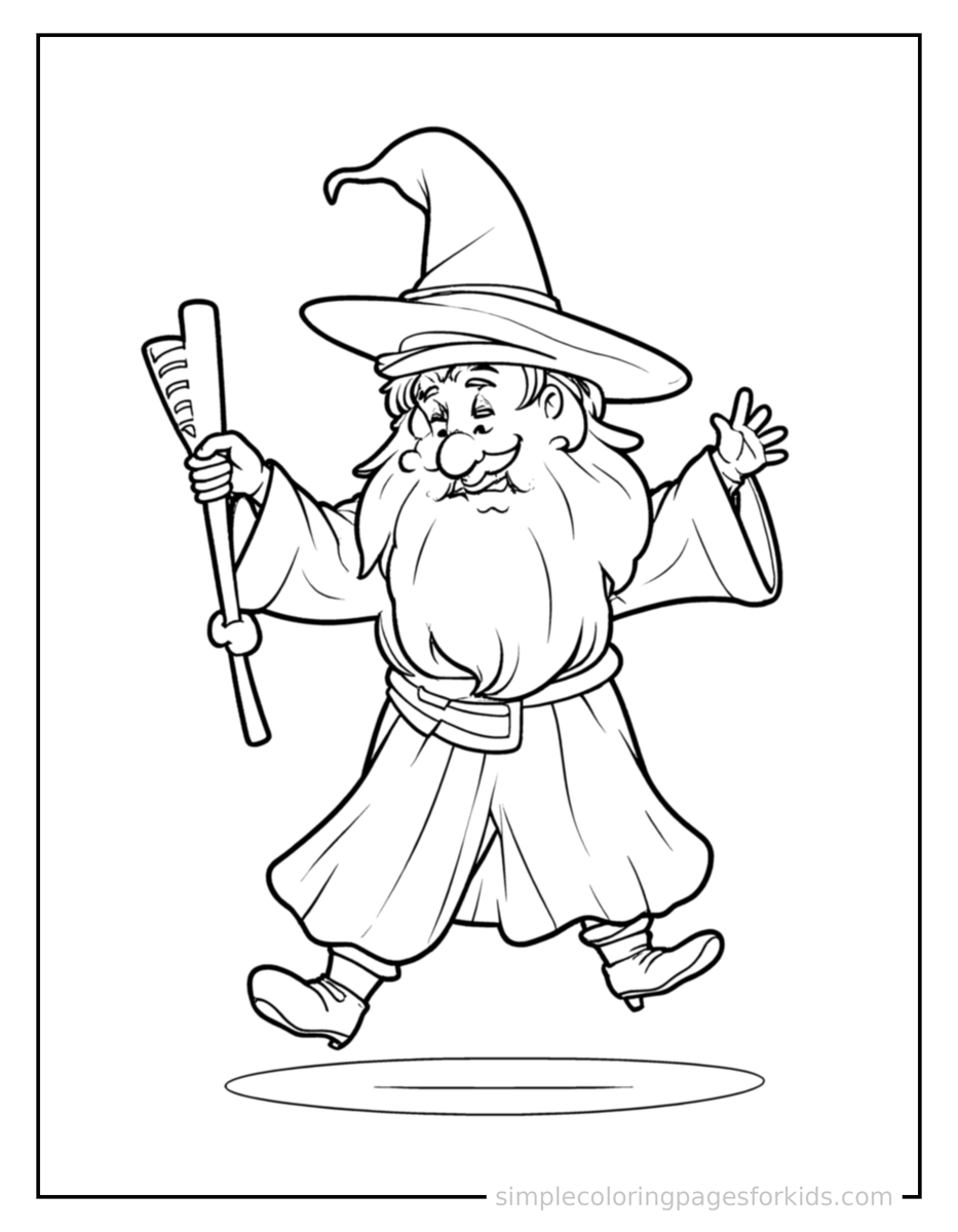 Jumping Friendly Wizard With A Tall Hat And A Magic Staff Coloring Page